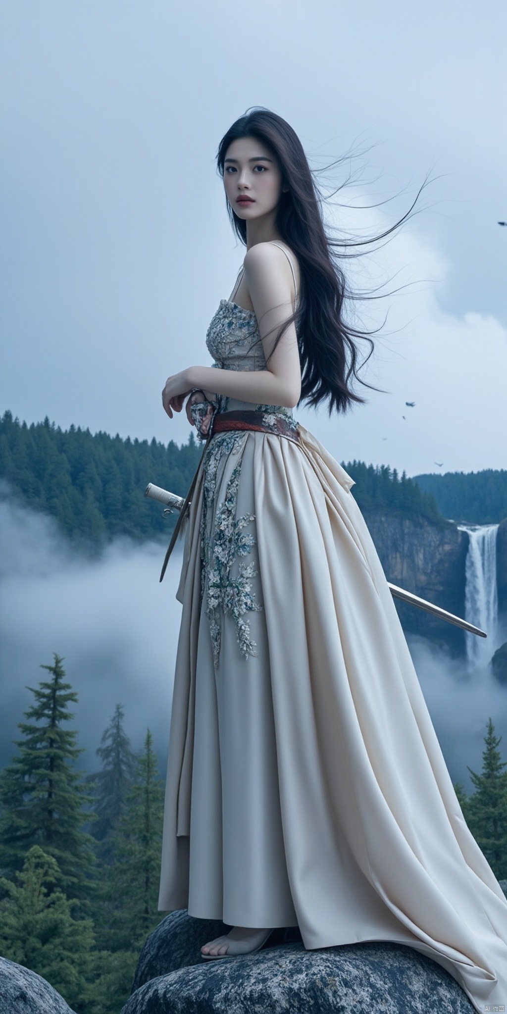 Scene: The top of the fairy mountain shrouded in clouds and mist is surrounded by lush woods and strange-shaped rocks. In the distance, there is a waterfall cascading down, forming a beautiful water curtain. Cranes occasionally fly across the sky.
Character: A heroic chivalrous woman with a cold face, slender eyebrows slightly raised, and firmness and courage in her eyes. Her hair was tied high with a ribbon, and a few strands of hair were fluttering in the wind on her forehead.
Clothing: She wears a white ancient dress with exquisite cloud patterns and sword patterns embroidered on it. She has a red belt around her waist with a long sword hanging on it. She was also wearing a white cloak, which rustled in the wind.
Posture: She stands on a boulder on the top of the mountain, holding a long sword and standing tall, overlooking the beautiful scenery below the mountain. Her eyes were full of confidence and pride, as if she was ready to meet challenges at any time.
Atmosphere: The whole picture is full of fairy atmosphere, with clouds and mist lingering, giving people a mysterious and lofty feeling. The air is filled with the fragrance of vegetation and the aura of the mountains, making people feel like they are in a world of fairy tales.