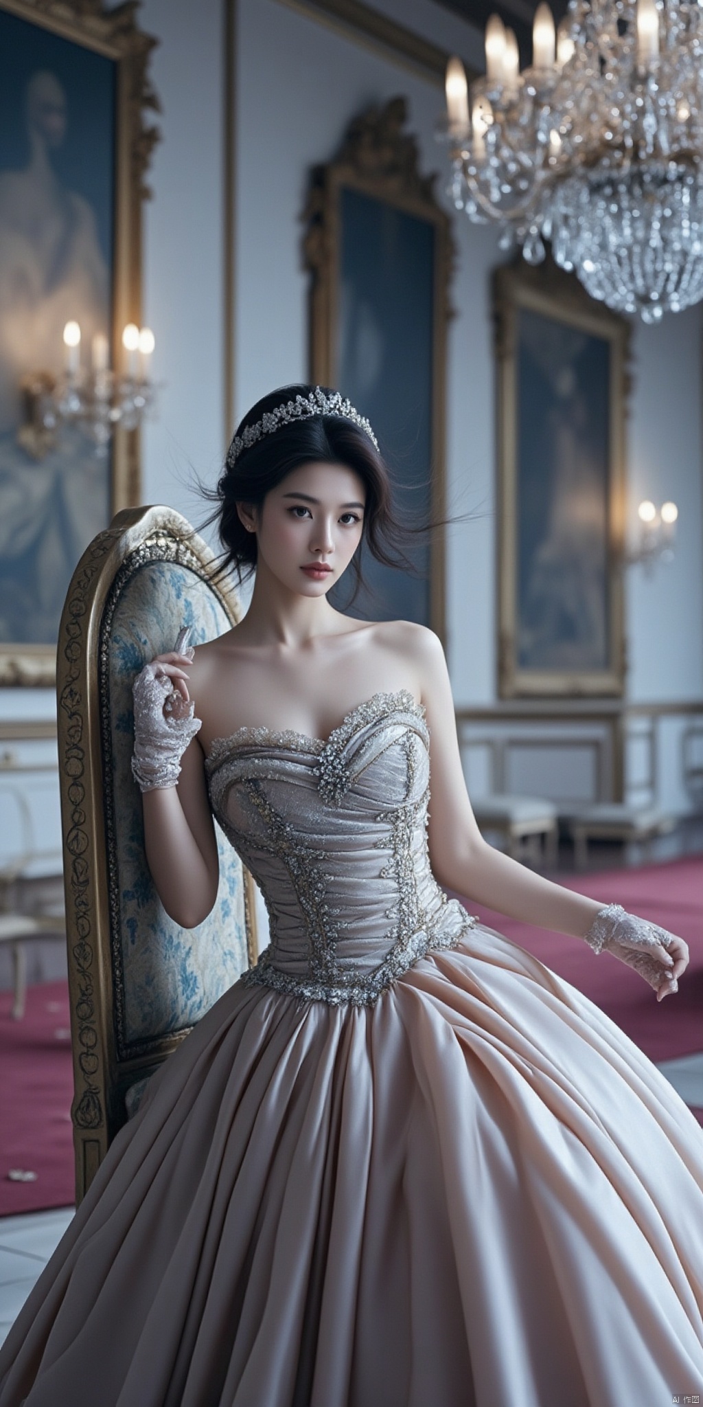 Scene: A gorgeous palace hall, with exquisite oil paintings and gorgeous wall lamps hanging on the walls, a red carpet on the floor, and a huge crystal chandelier in the center of the hall.
Character: A noble princess, she has a delicate face, curved eyebrows, a small cherry-like mouth, a high bridge of nose, and a pair of charming big eyes shining with the light of wisdom. Her hair was styled into an intricate and ornate bun with hair accessories made of pearls and gemstones.
Clothing: She is wearing a gorgeous palace dress. The dress is made of silk and lace in an elegant pink color. The neckline and cuffs are studded with pearls and diamonds. The skirt is embroidered with exquisite patterns and drags on the ground. Like a gorgeous cloud. She also wore a pair of white silk gloves and held an exquisite feather fan in her hand.
Posture: She sits elegantly on a golden throne, leaning back slightly, with one hand on the armrest of the throne, and the other hand gently fanning the fan. Her eyes reveal confidence and majesty, as if she is inspecting her subjects.
Atmosphere: The whole picture is filled with an atmosphere of luxury and nobility. The lights illuminate the entire hall, reflecting the bright light, making people feel like they are in a dreamy palace world.