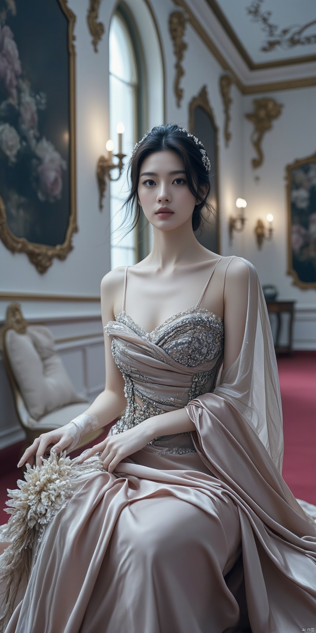 Scene: A gorgeous palace hall, with exquisite oil paintings and gorgeous wall lamps hanging on the walls, a red carpet on the floor, and a huge crystal chandelier in the center of the hall.
Character: A noble princess, she has a delicate face, curved eyebrows, a small cherry-like mouth, a high bridge of nose, and a pair of charming big eyes shining with the light of wisdom. Her hair was styled into an intricate and ornate bun with hair accessories made of pearls and gemstones.
Clothing: She is wearing a gorgeous palace dress. The dress is made of silk and lace in an elegant pink color. The neckline and cuffs are studded with pearls and diamonds. The skirt is embroidered with exquisite patterns and drags on the ground. Like a gorgeous cloud. She also wore a pair of white silk gloves and held an exquisite feather fan in her hand.
Posture: She sits elegantly on a golden throne, leaning back slightly, with one hand on the armrest of the throne, and the other hand gently fanning the fan. Her eyes reveal confidence and majesty, as if she is inspecting her subjects.
Atmosphere: The whole picture is filled with an atmosphere of luxury and nobility. The lights illuminate the entire hall, reflecting the bright light, making people feel like they are in a dreamy palace world.
