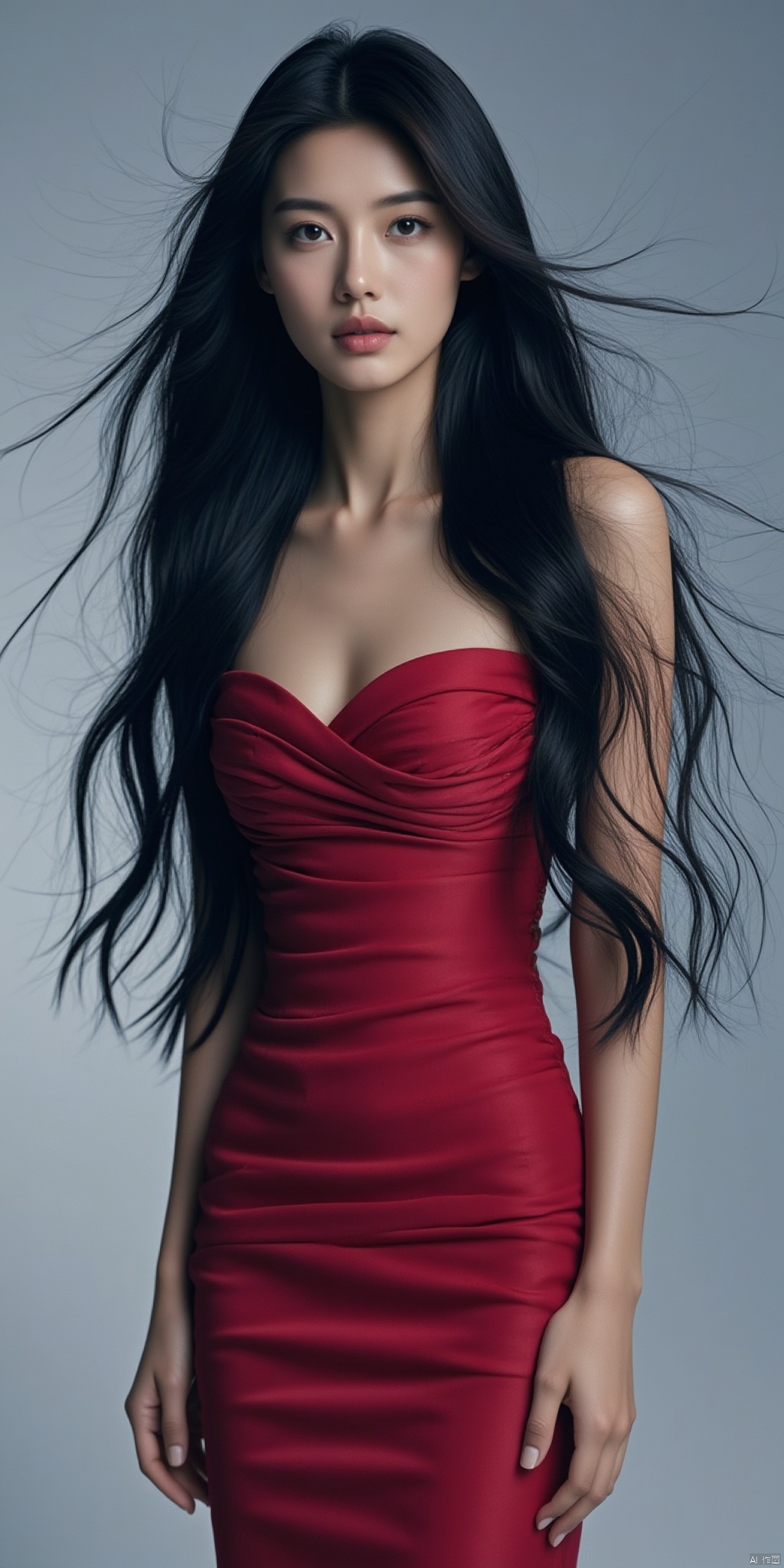 The half-length photo shows a beautiful lady with wavy long hair and exquisite makeup. She is wearing a red tight dress that highlights her perfect body curves. Her eyes are confident and firm,breast