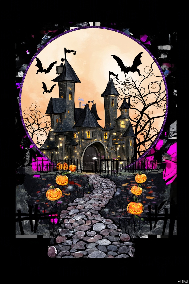 Halloween, bats, tombstones, castles, trees