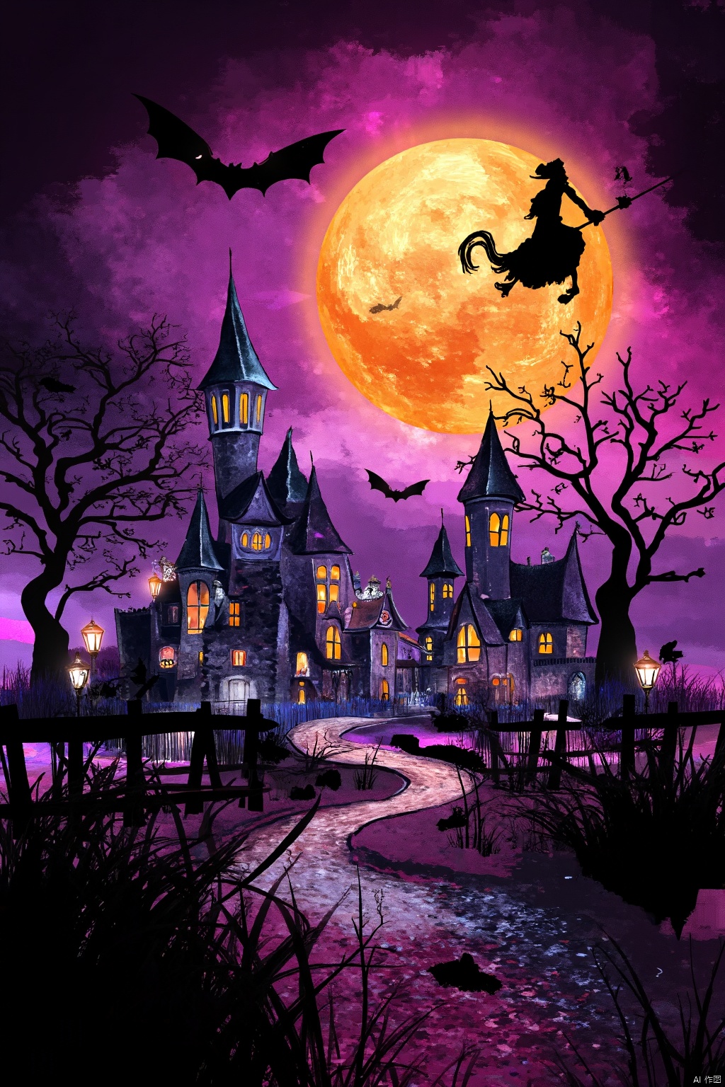 Halloween, bats, tombstones, castles, trees