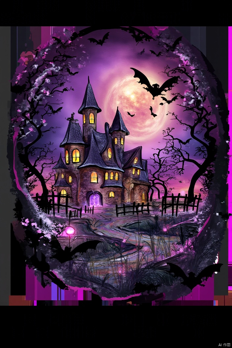 Halloween, bats, tombstones, castles, trees