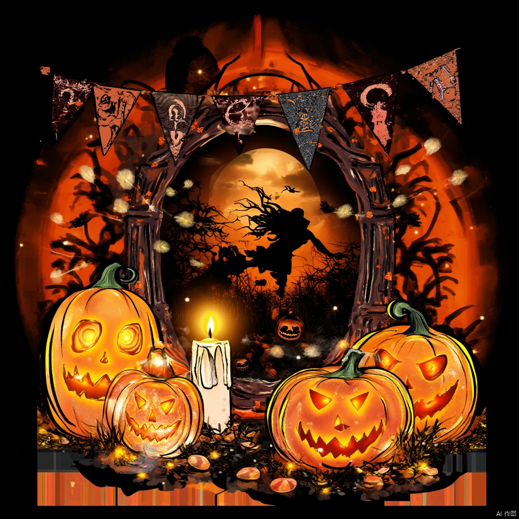 wanshengjie, the image depicts a halloween-themed scene, nighttime atmosphere, eerie orange glow, prominent carved pumpkins, jack-o'-lanterns with varying expressions, supernatural aura, flickering candlelight within pumpkins, a mysterious mirror with a reflective ghost-like figure, dark forest in the background, spooky mountain silhouette, moonlit night with a crescent moon having an uncanny face, fluttering banners, artistic rendering in a semi-realistic illustration style, dominant warm color palette, a sense of foreboding, accompanying small decorative elements such as candy and festive banners with unreadable text, overall gothic and festive halloween ambiance.
