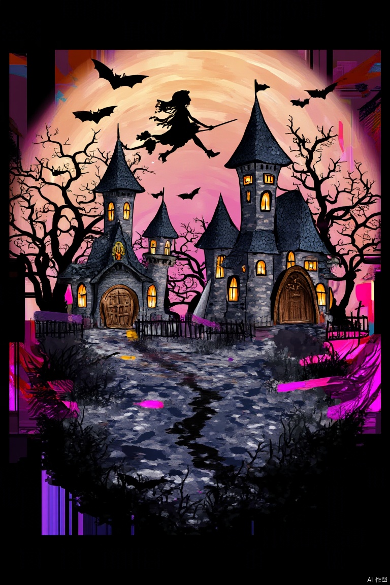 Halloween, bats, tombstones, castles, trees