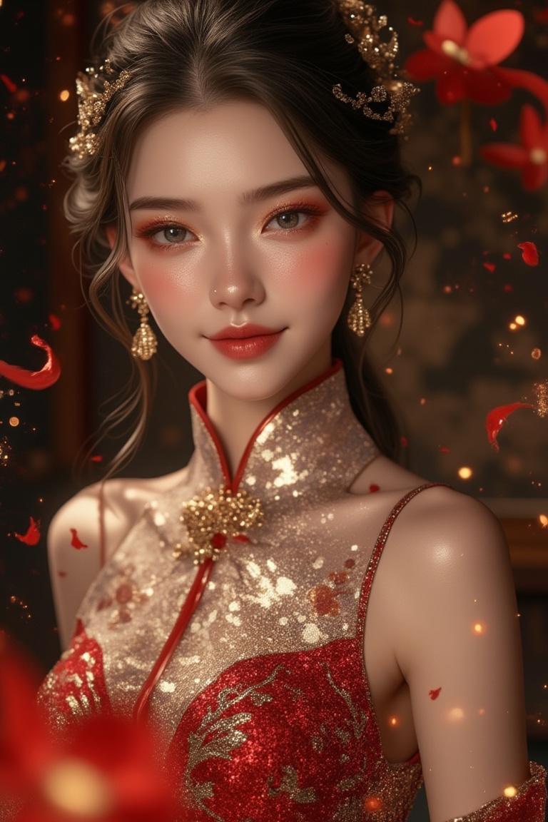 A pretty woman named Zhang Jin in an Oriental Chinese ink aesthetic,  exuding glossy and glittery allure. She stands elega...