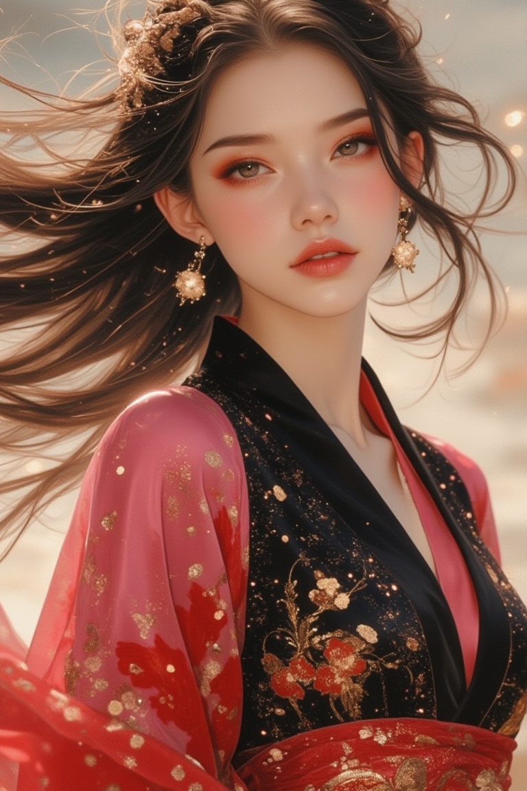 A woman in an Oriental aesthetic,  exuding glossy and glittery allure,  dressed in a pink and black hanfu that billows in...
