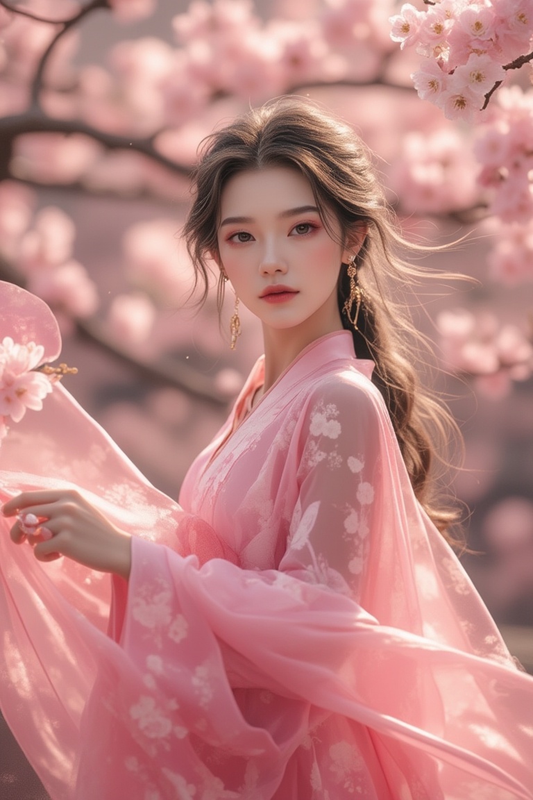 Zhang Jin in an Oriental Chinese ink aesthetic,  dressed in a flowy pink hanfu,  standing amidst a sea of sakura blossoms....