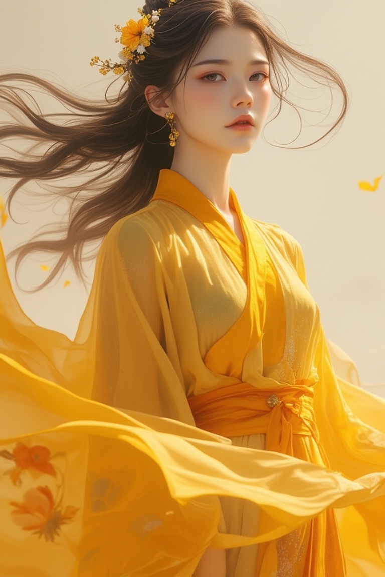 A woman named Zhang Jin in an Oriental Chinese ink aesthetic,  wearing a flowy yellow hanfu that billows in the windy air....