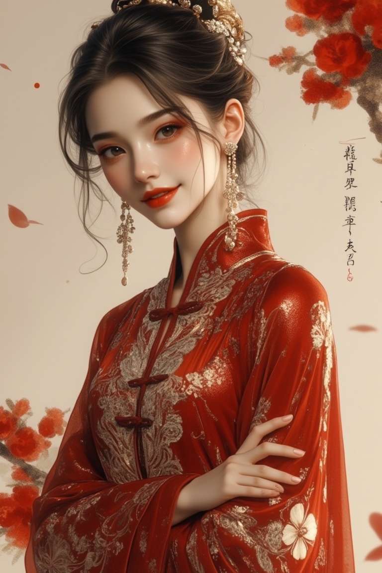 A cheeky and glossy woman,  Zhang Jin,  in an Oriental Chinese ink aesthetic. She stands confidently with a playful smile...