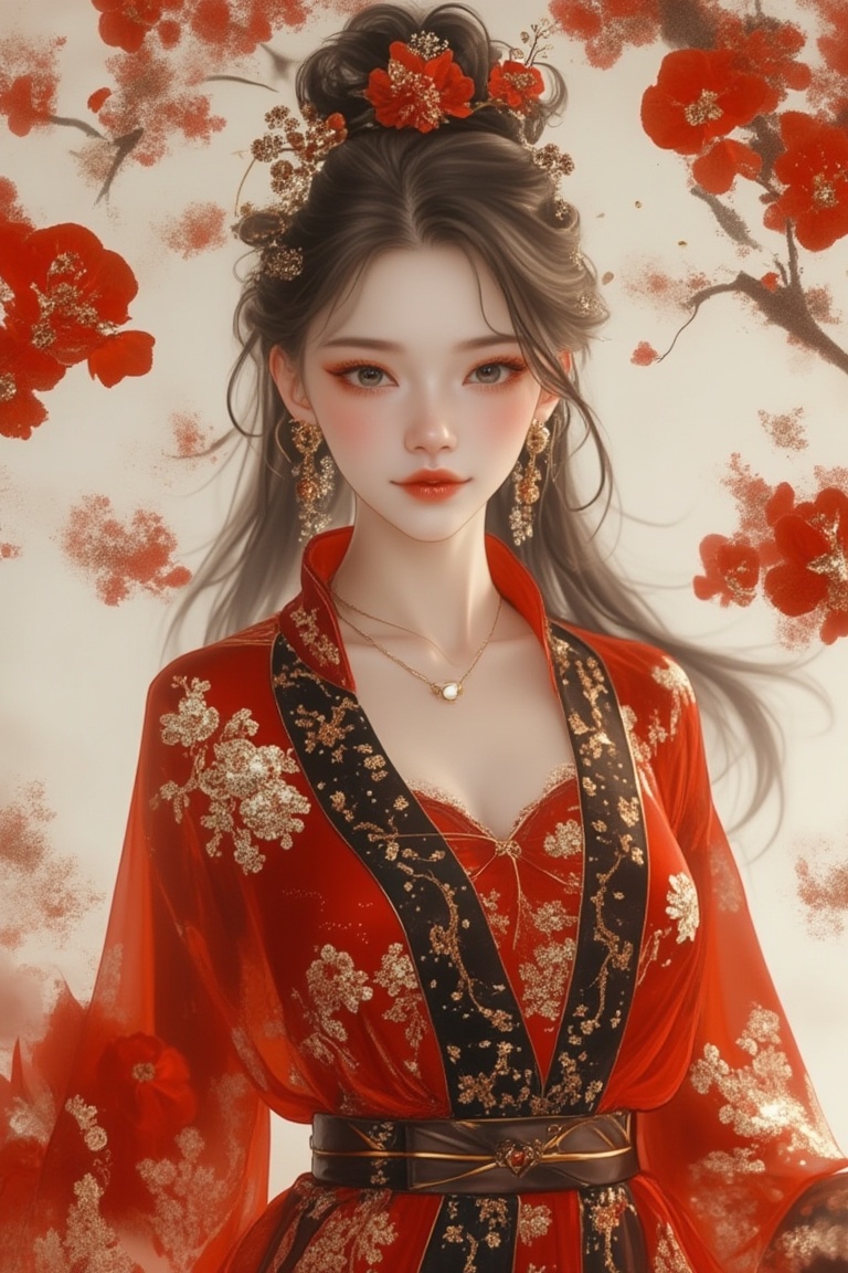 A cheeky and glossy woman,  Zhang Jin,  in an Oriental Chinese ink aesthetic. She stands confidently with a playful smile...