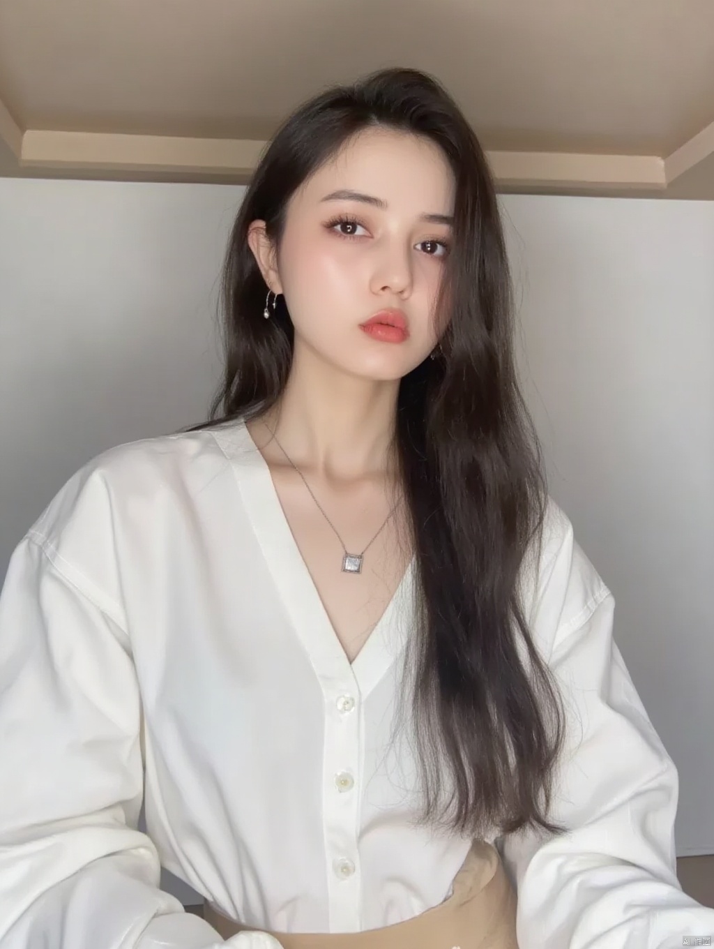 a medium-sized Asian woman with long, straight black hair, wearing a white button-down long-sleeved shirt and a tan skirt. She is wearing a silver necklace with a square pendant. Her lips are painted a vibrant pink, adding a pop of color to her face. Her eyes are a piercing blue, and her eyelashes are a darker shade of brown. The woman's hair is pulled back, framing her face and cascades over her shoulders. The backdrop is a stark white wall, with a beige ceiling.