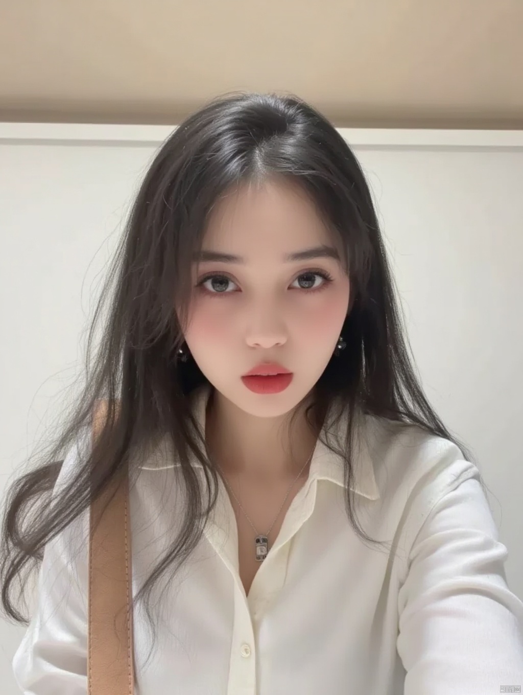 a medium-sized Asian woman with long, straight black hair, wearing a white button-down long-sleeved shirt and a tan skirt. She is wearing a silver necklace with a square pendant. Her lips are painted a vibrant pink, adding a pop of color to her face. Her eyes are a piercing blue, and her eyelashes are a darker shade of brown. The woman's hair is pulled back, framing her face and cascades over her shoulders. The backdrop is a stark white wall, with a beige ceiling.
