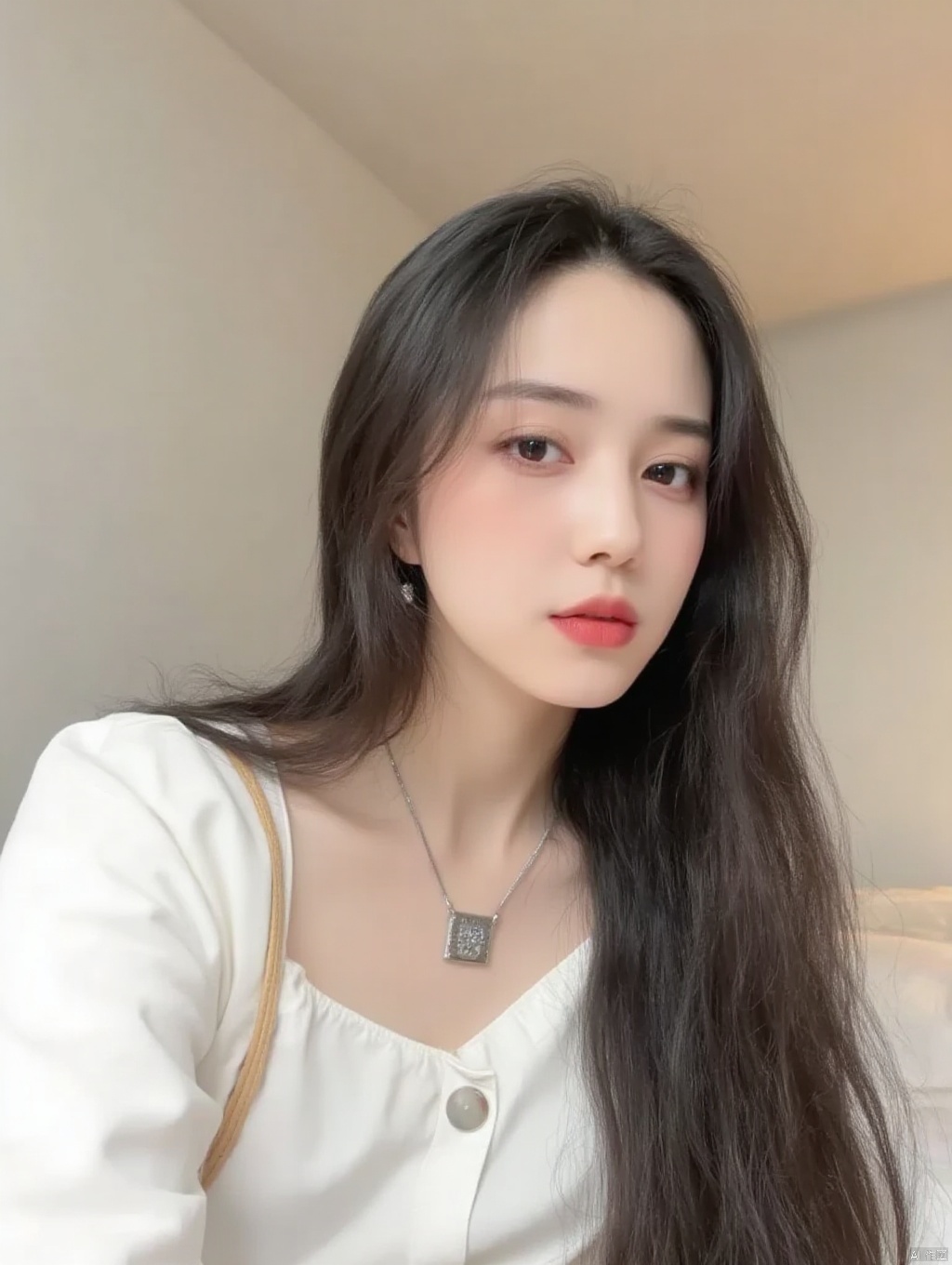a medium-sized Asian woman with long, straight black hair, wearing a white button-down long-sleeved shirt and a tan skirt. She is wearing a silver necklace with a square pendant. Her lips are painted a vibrant pink, adding a pop of color to her face. Her eyes are a piercing blue, and her eyelashes are a darker shade of brown. The woman's hair is pulled back, framing her face and cascades over her shoulders. The backdrop is a stark white wall, with a beige ceiling.