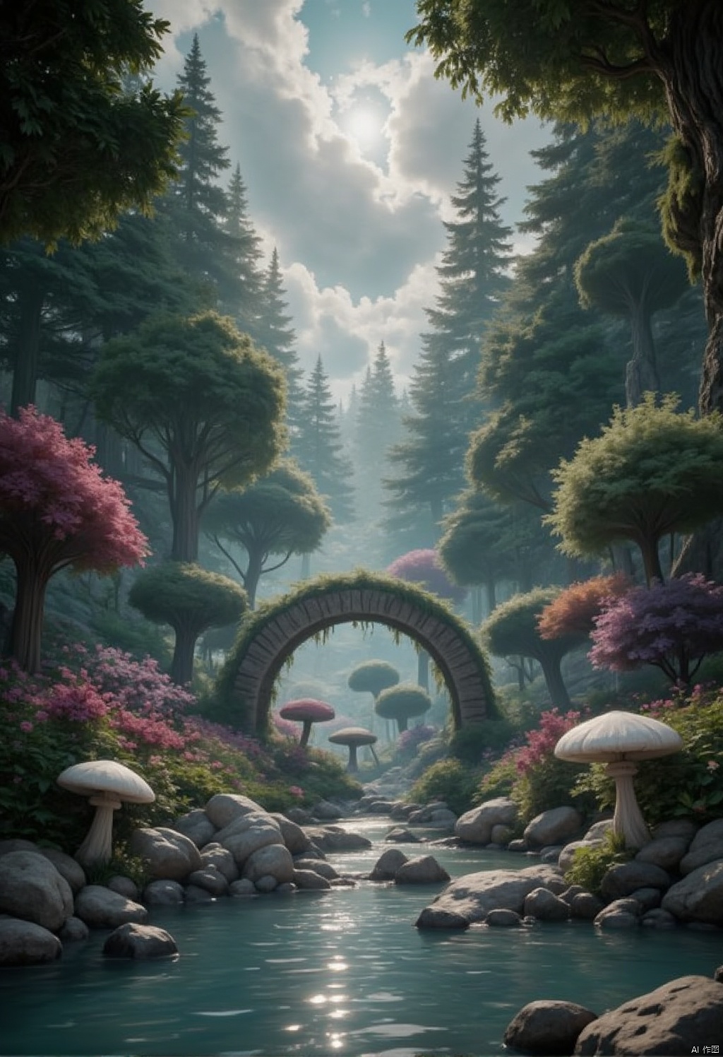 CG blockbuster atmosphere,a medium-angle view of a forest scene features a small stream of water,dotted with rocks and boulders. The stream is flanked by a small bridge,adorned with a white mushroom,adding a touch of color to the scene. The scene is set against a backdrop of a cloudy sky,with a bright sun shining through the trees,creating a peaceful and serene atmosphere.