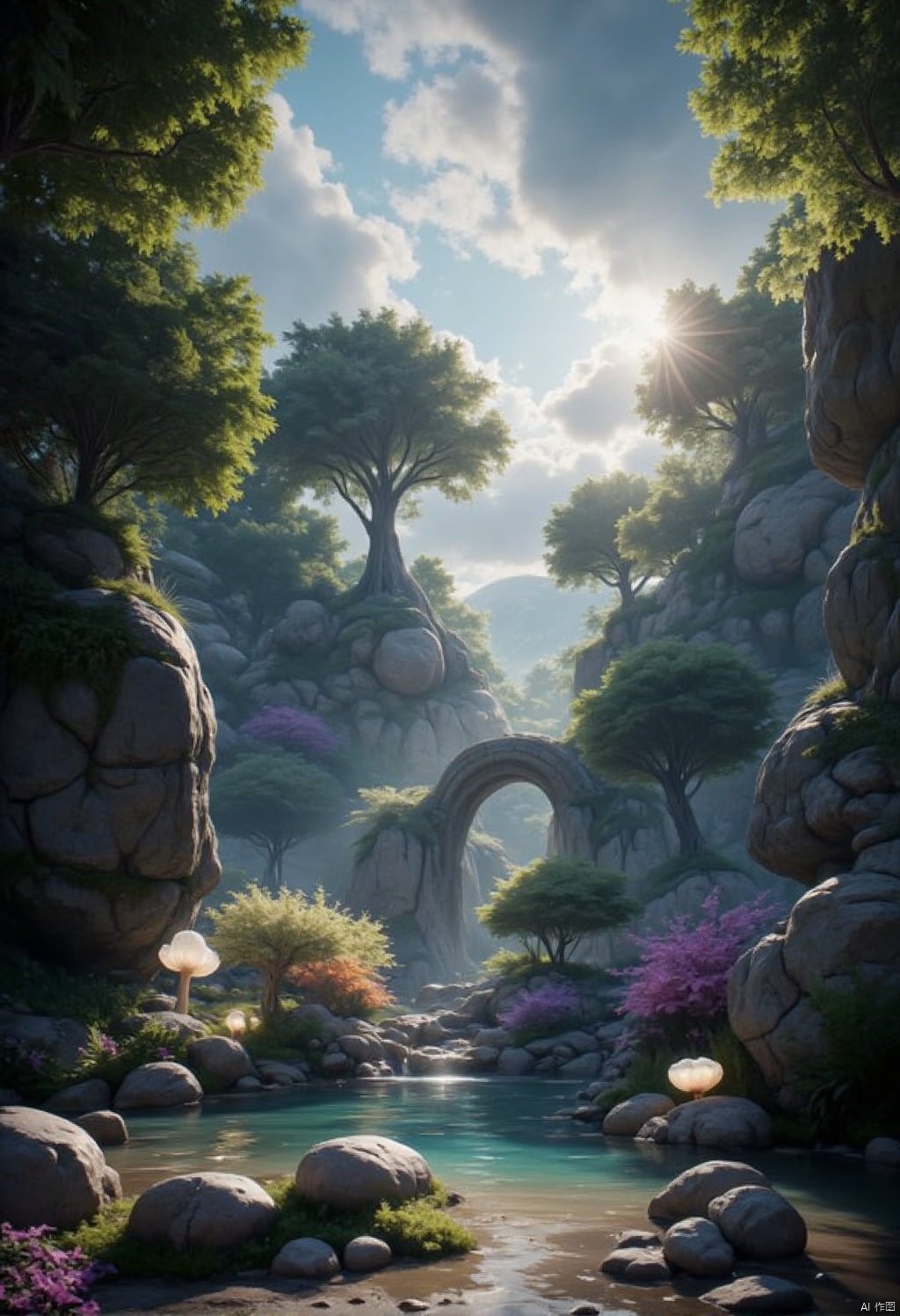 CG blockbuster atmosphere,a medium-angle view of a forest scene features a small stream of water,dotted with rocks and boulders. The stream is flanked by a small bridge,adorned with a white mushroom,adding a touch of color to the scene. The scene is set against a backdrop of a cloudy sky,with a bright sun shining through the trees,creating a peaceful and serene atmosphere.