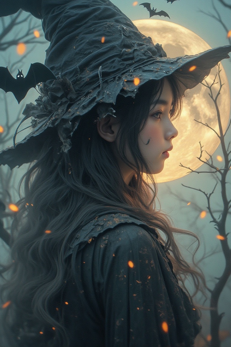 Cute Halloween witch portrait, young Asian girl. Double exposure effect, witch profile merged with full moon. Same costume elements, ethereal atmosphere. Overlaid with bare tree branches, bats silhouettes. Dreamy filter, subtle color grading. Studio photography style, soft dramatic lighting, high quality, detailed, MidnightWitch