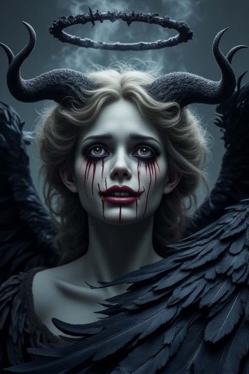 A cinematic shot of a fallen angel with darkened, twisted wings now shadowy black feathers. The angel's eyes, deep as night and shimmering like glass, weep trails of blood, reflecting both sorrow and corruption. The angel's lips curve into a sorrowful, grotesque smile, marred by the weight of its fall. Dark smoke curls delicately around its form, like a whisper of lost grace. Horns crown its head, emerging from soft, tousled hair, while a tarnished black halo hovers above, a haunting reminder of its lost divinity. The entire scene feels both tragic and beautiful, as if this angel fell not only from grace but from love itself.A iluminação e as sombras criam uma atmosfera vibrante. O close-up captura os detalhes intrincados de suas características faciais. A iluminação de alto contraste acentua seus olhos.Iluminação e sombras DSLR profissionais,Vshorror