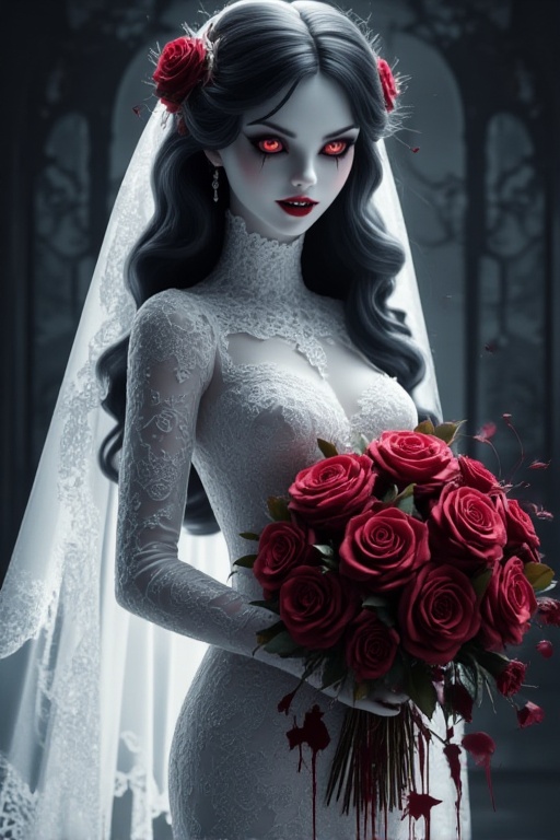 A hyper-realistic and highly detailed gothic horror illustration of a vampire bride. She is standing tall and ominous, wearing an intricately designed white lace wedding gown that contrasts dramatically with her pale, ghostly skin. Her long, wavy black hair cascades down her back, adorned with deep red roses. Her veil, made from delicate lace with floral patterns, flows behind her, giving her an ethereal presence. Blood-red eyes glow intensely, framed by dark shadows, and her sharp fangs are visible, hinting at her predatory nature. The bouquet of roses she holds is a macabre spectacle, with fresh, vibrant red roses dripping with blood, some petals falling away as they decay mid-air. Blood splatters add to the eerie atmosphere, dripping from her bouquet and staining parts of her gown. The contrast between the pristine white of her wedding dress and the deep crimson of the roses and blood adds a chilling, gothic beauty to the scene,A iluminação e as sombras criam uma atmosfera vibrante. O close-up captura os detalhes intrincados de suas características faciais. A iluminação de alto contraste acentua seus olhos.Iluminação e sombras DSLR profissionais,Vshorror