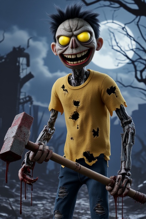 A hyper-realistic 3D rendering of a post-apocalyptic scene featuring Morty, a zombified bionic creation. He wears a tattered and torn basic yellow t-shirt, black hair and torn dark blue pants. Morty has a sinister smile and glowing yellow eyes. He holds a menacing sledgehammer dripping with blood. The background is a desolate, bleak landscape with ruined structures and gnarled trees. A subtle haze lingers and the full moon casts an eerie light through the clouds. The artist masterfully manipulates light and shadow, accentuating contrasting colors and elements. Lighting and shadows create a vibrant atmosphere. The close-up captures the intricate details of her facial features. High-contrast lighting accentuates your eyes.Professional DSLR lighting and shadowsDetailed faceHigh-definitionClear featuresFacial clarityUltra-realistic skin textureHyper-detailed facial featuresPhotorealisticIntricate detailsClose-upCinematic lightingFine detailsHigh-resolutionPerfect symmetryExquisite detailsHigh-contrast lightingDetailed eyesSharp focusMeticulous details3DP rendering quality perfectly definedExtremely super detailed, ultra HD 8k resolution , cinematic mode 3D rendering, the highest degree of mega pixel size,Vshorror