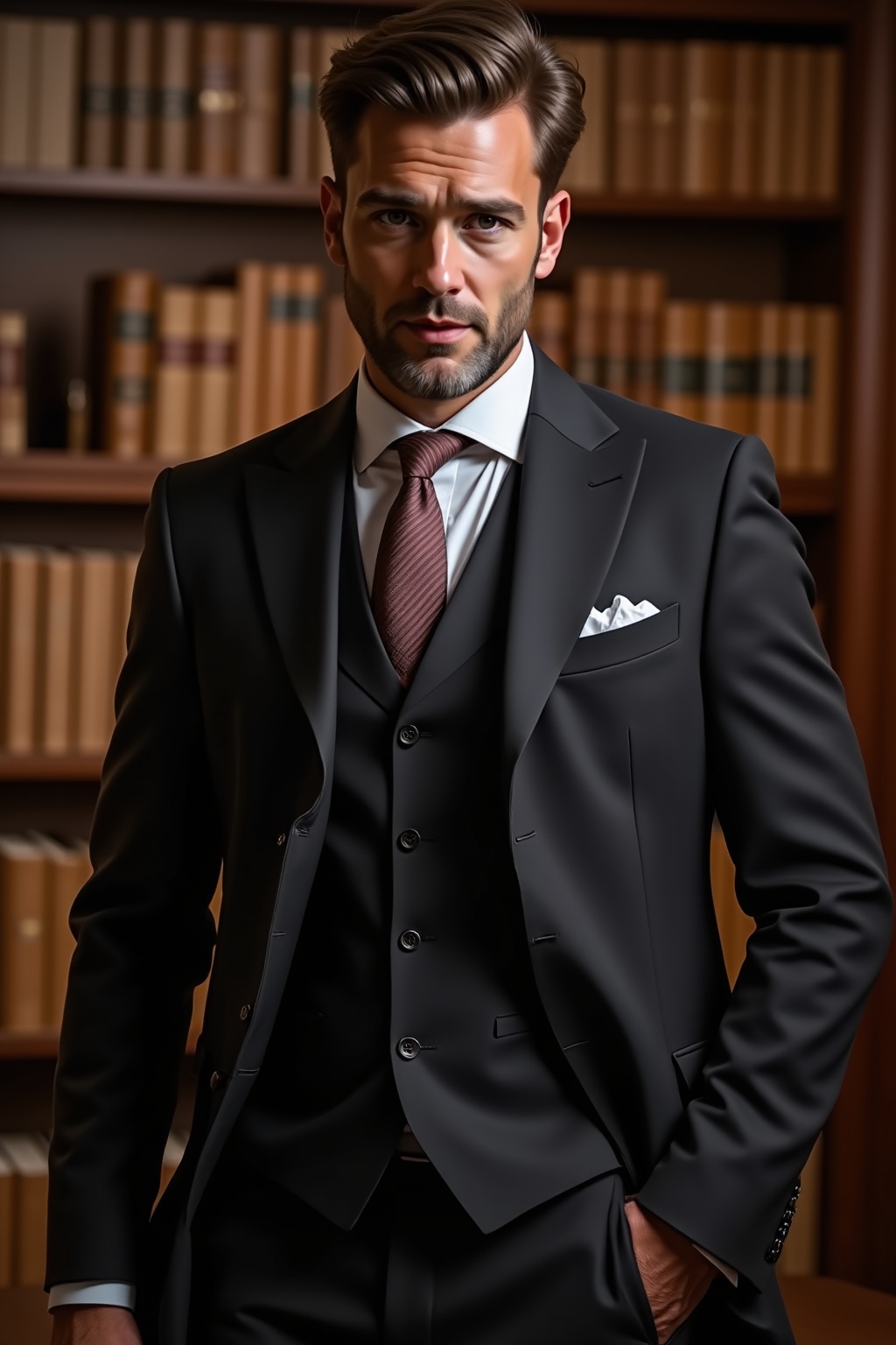 Imagine a man in a tailored three-piece suit,  standing against a backdrop of an old,  vintage library with rows of books....