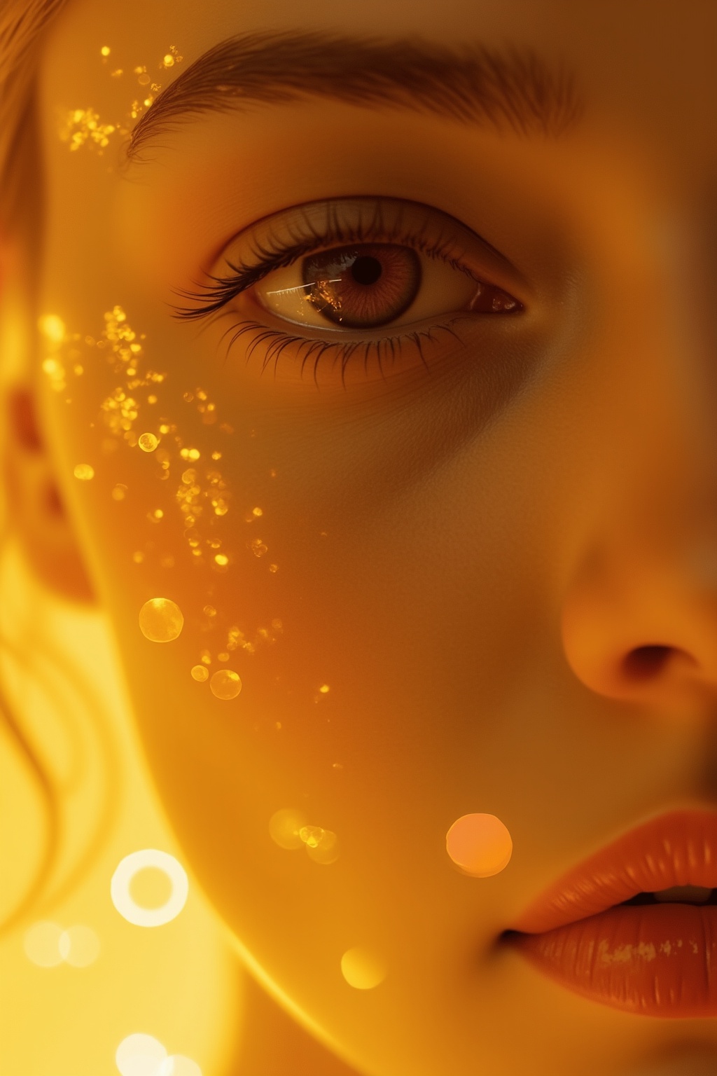 The image is a close-up portrait of a woman's face. The focus is on her eye,  which is the focal point of the image. The e...