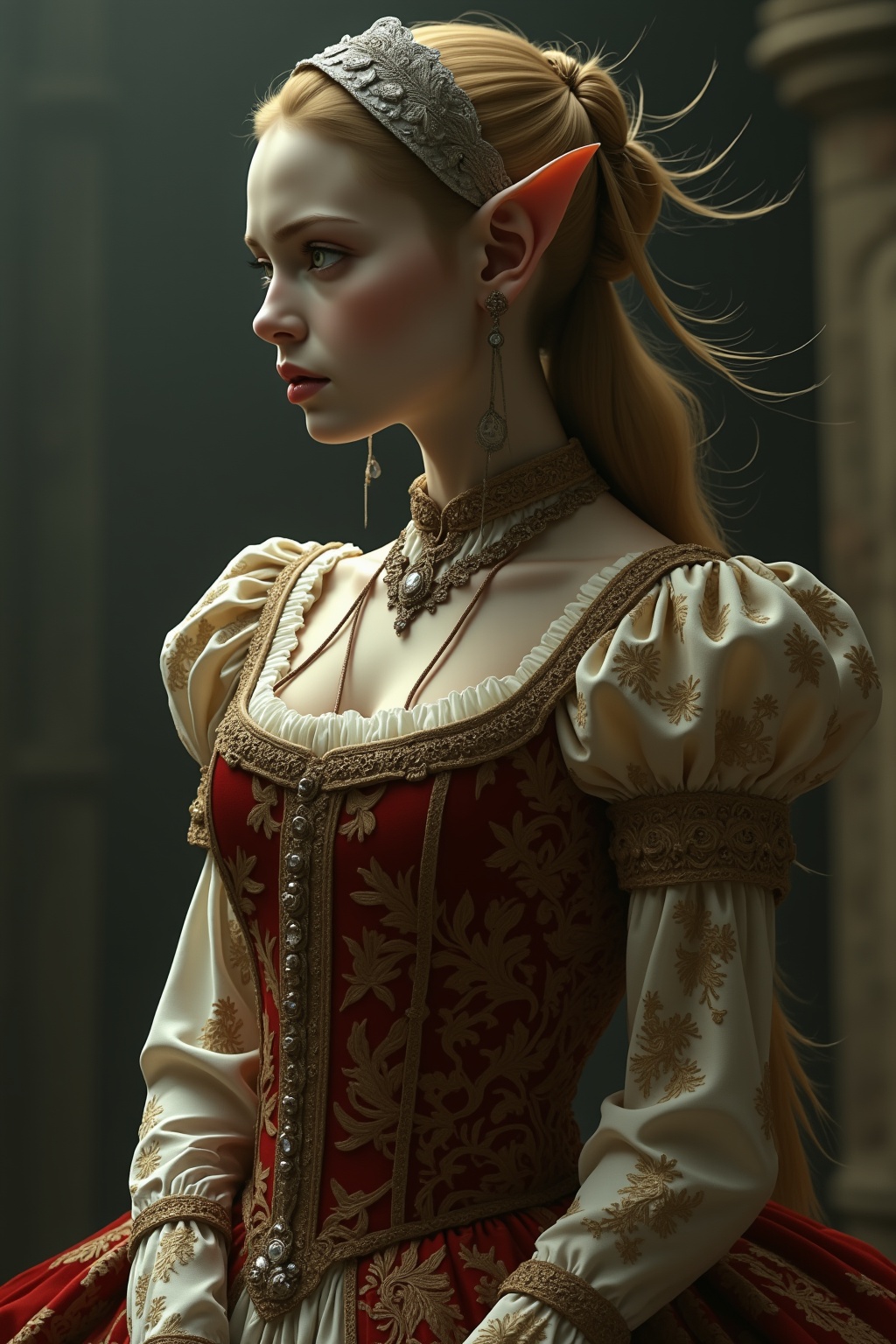 An artistic full-length portrait of an elf girl with pointed,  long ears,  wearing a 17th century brocade dress with a tig...