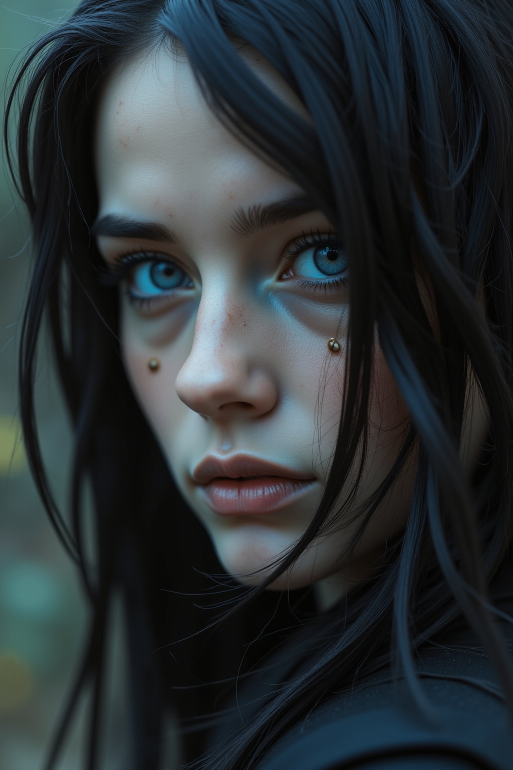 a close-up portrait of a young woman's face. She has dark hair that is styled in loose waves and falls over her shoulders....