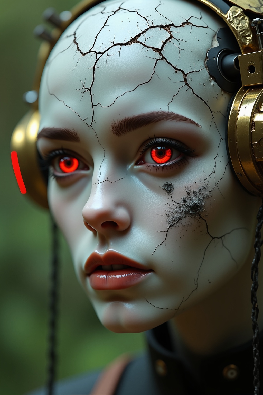 The image is a close-up portrait of a futuristic woman's face. The woman appears to be in her late twenties or early thirt...