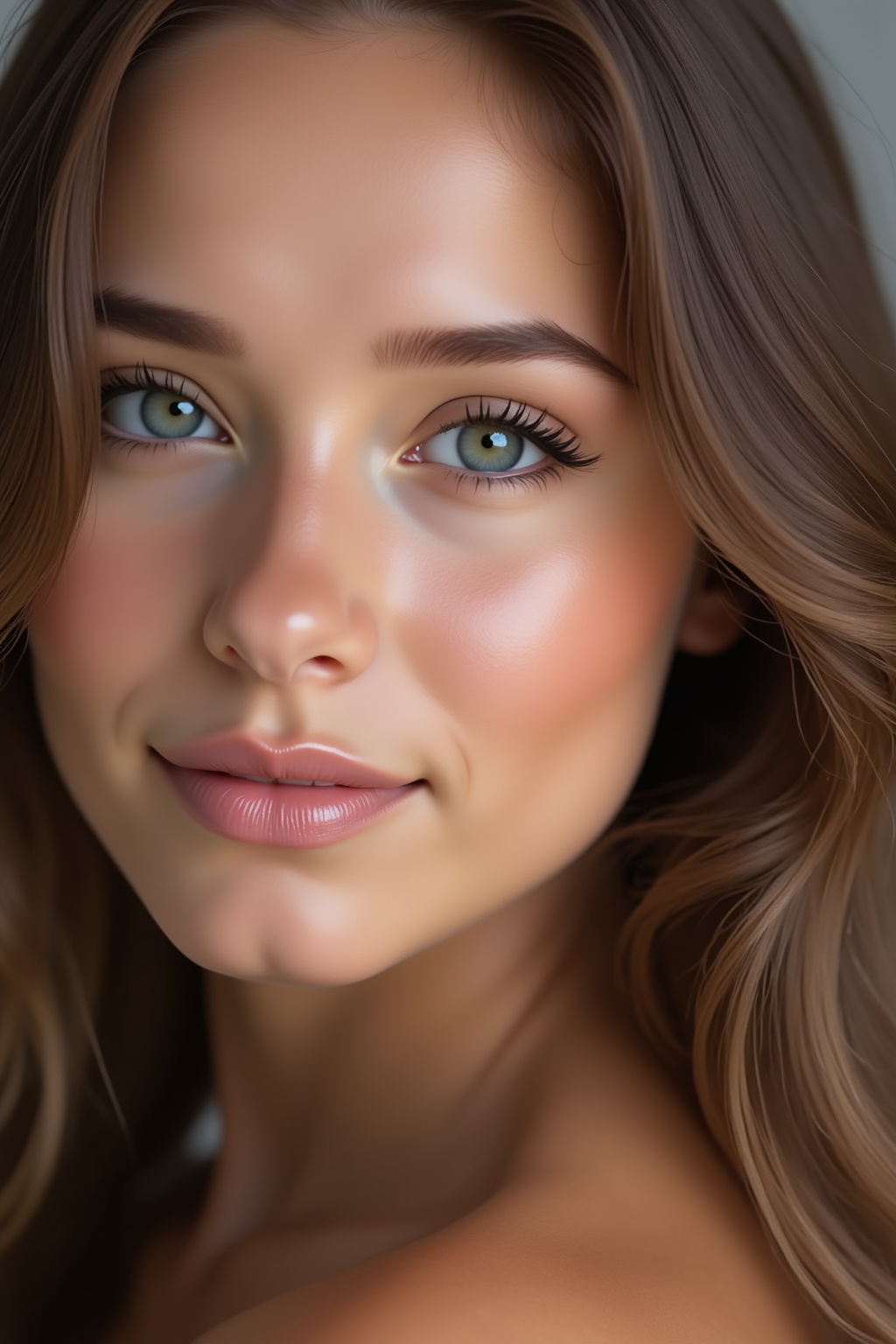 Close-up portrait of a beautiful model girl with flawless skin,  wearing subtle makeup. She has long,  wavy hair that casc...