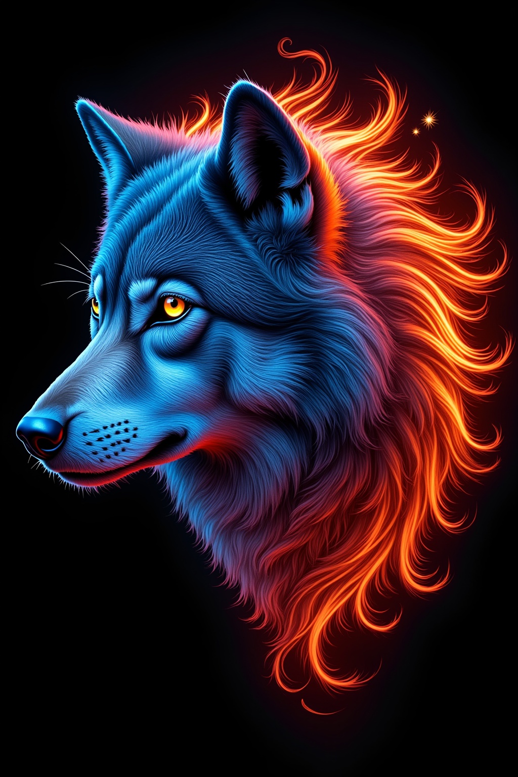 The image is a digital art piece that appears to be a portrait of a wolf's face. The wolf is facing towards the right side...