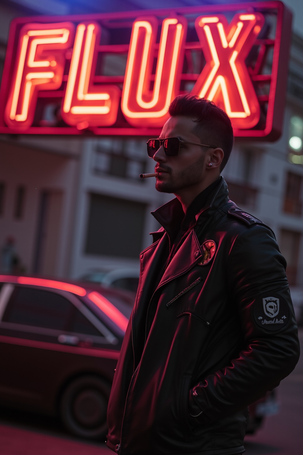 a man standing in front of a neon sign that reads "Flux". He is wearing a black leather jacket with a badge on the left si...
