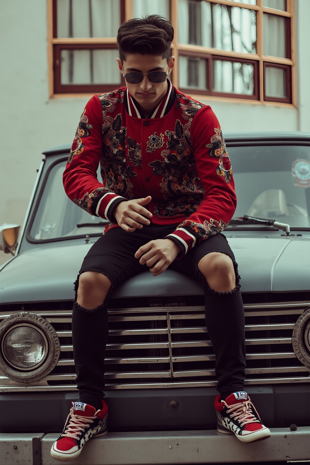 The image shows a young man sitting on the hood of a vintage car. He is wearing a red jacket with a floral pattern and bla...