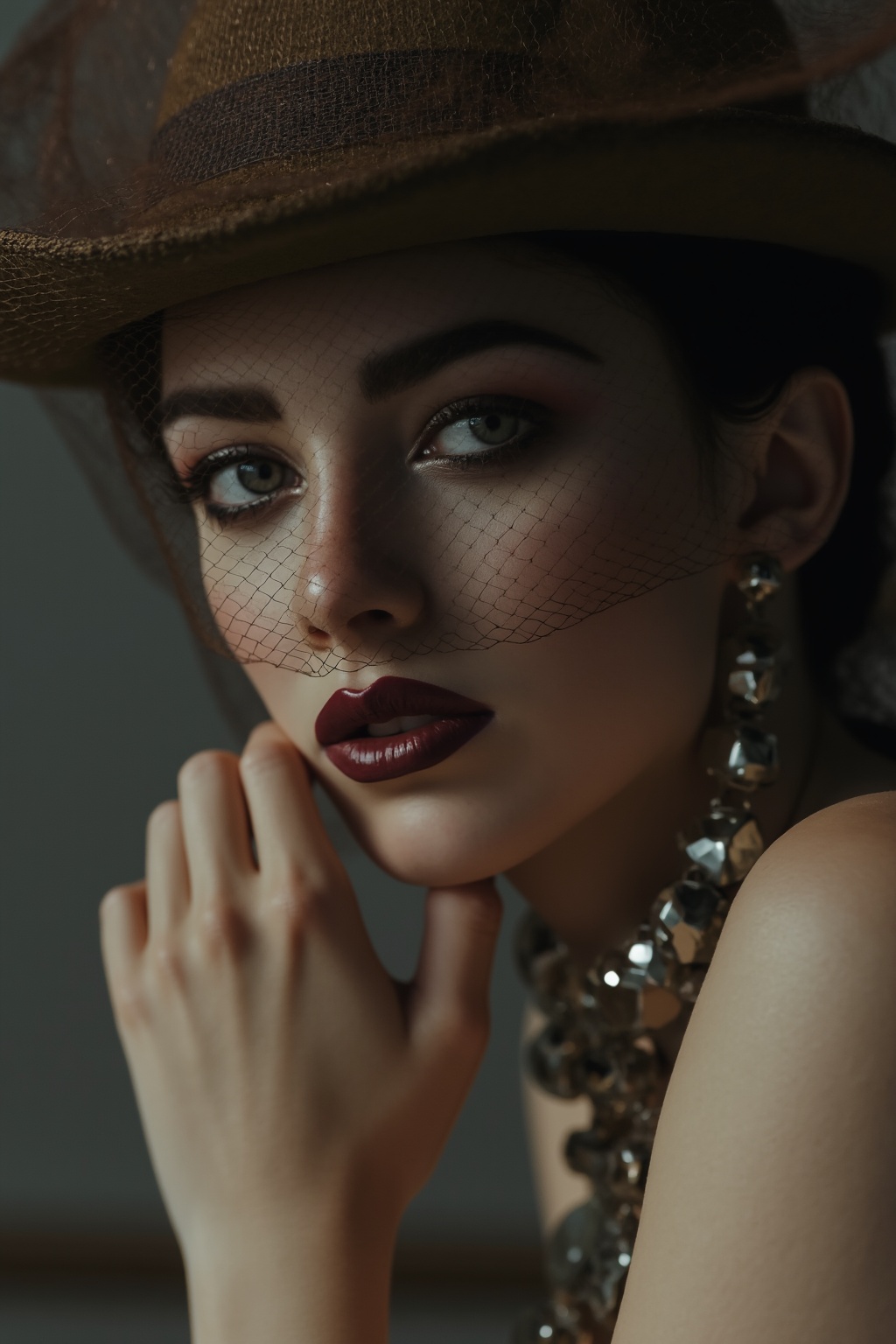 The image is a close-up portrait of a woman's face. She is wearing a brown hat with a veil covering her eyes and nose. The...