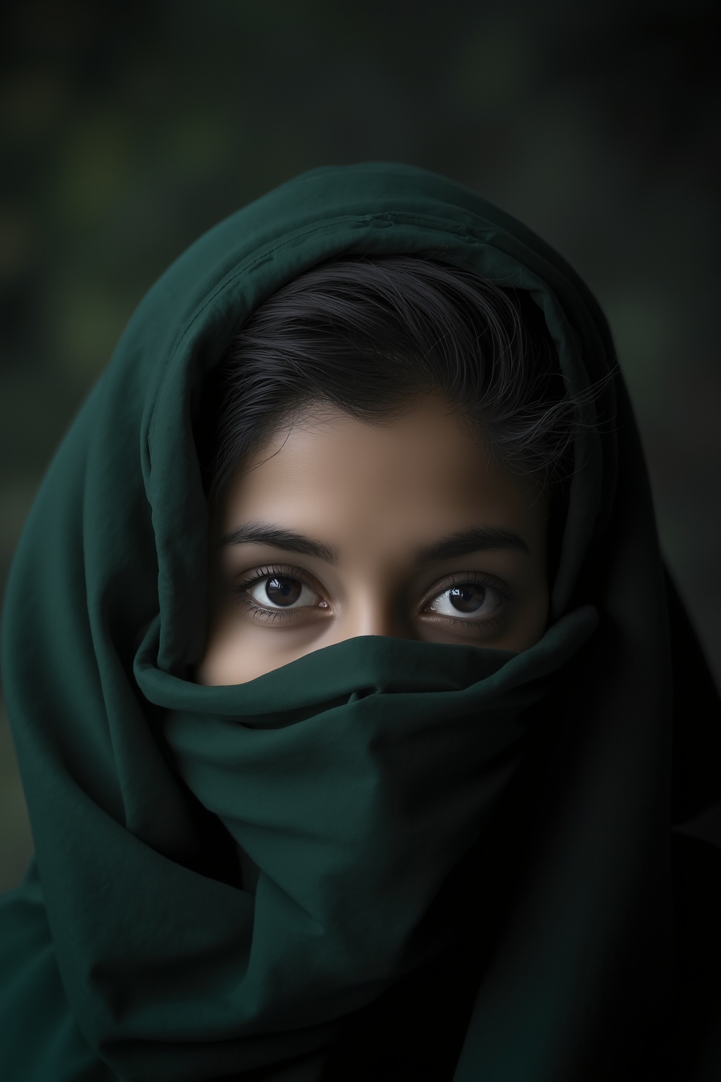 The image is a close-up portrait of a woman's face. She is wearing a green headscarf that covers her entire face. The scar...