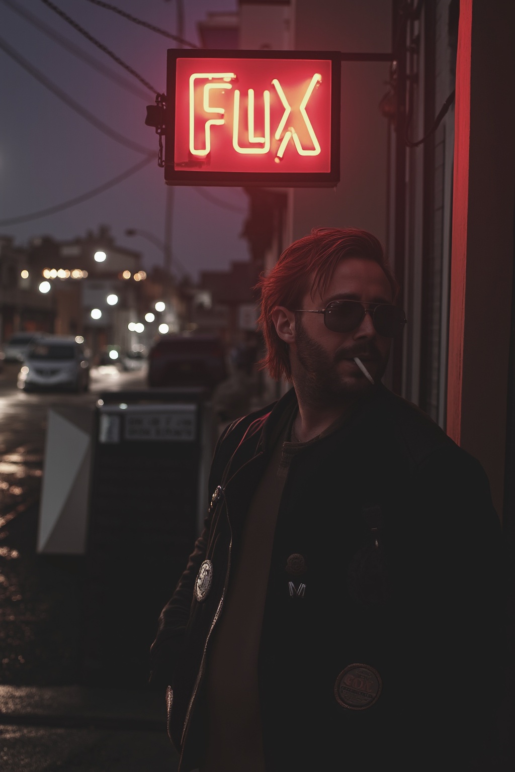 a man standing in front of a neon sign that reads "Flux". He is wearing a black leather jacket with a badge on the left si...