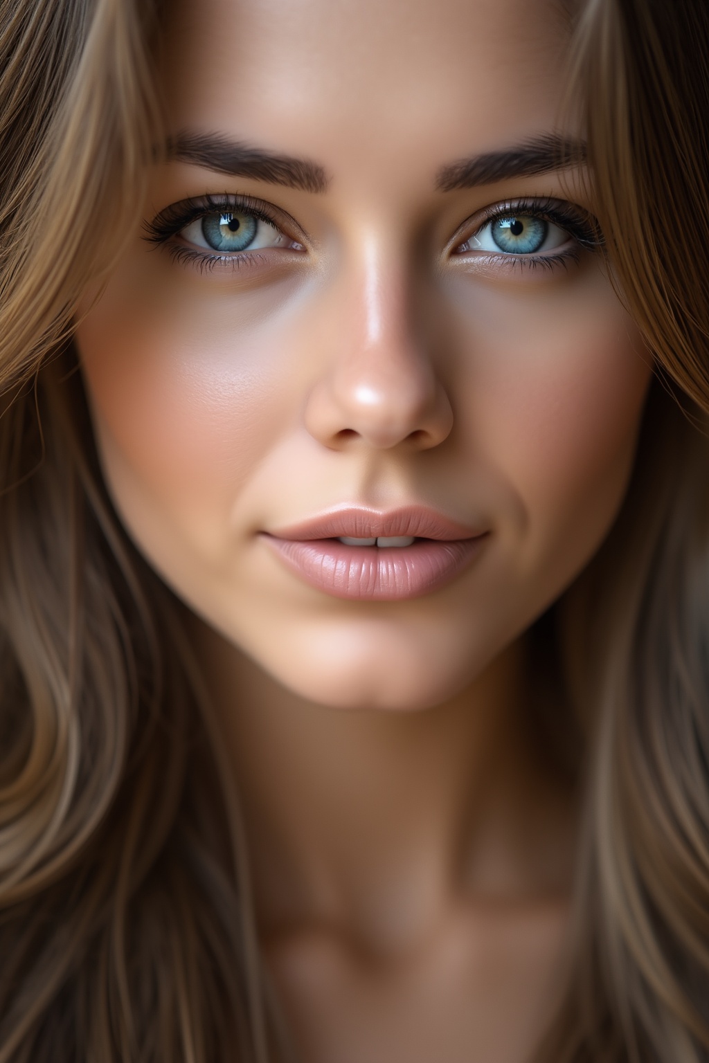 Close-up portrait of a beautiful model girl with flawless skin,  wearing subtle makeup. She has long,  wavy hair that casc...