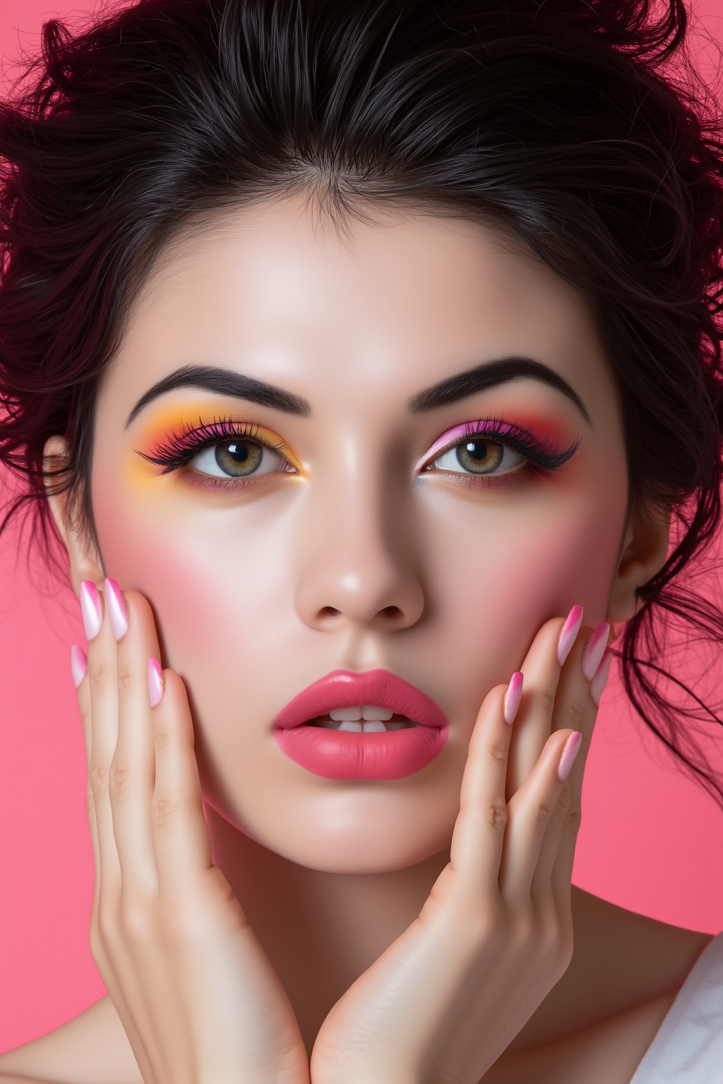 a close-up portrait of a young woman's face and upper body. She has dark hair styled in a messy updo with loose curls fram...