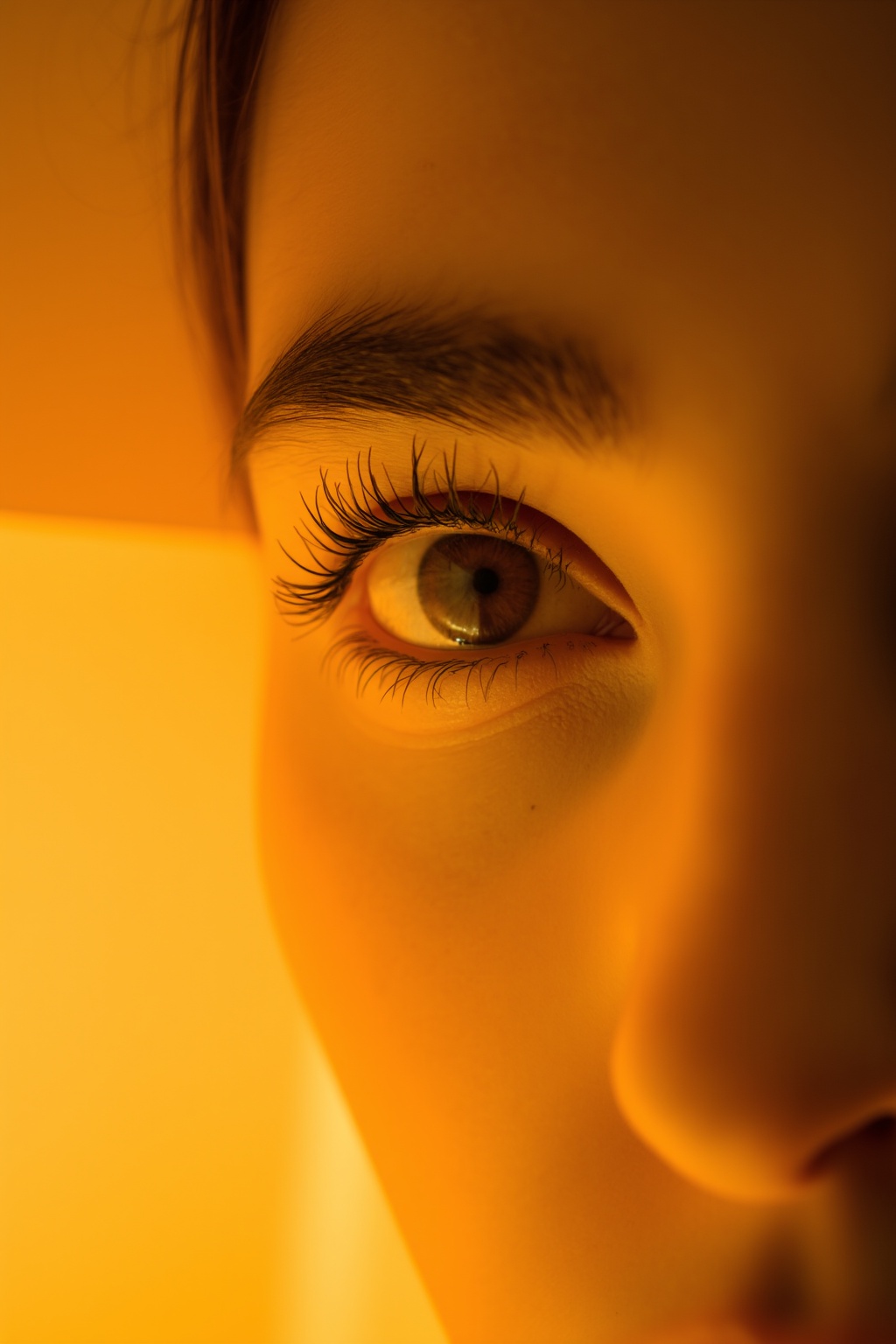 The image is a close-up portrait of a woman's face. The focus is on her eye,  which is the focal point of the image. The e...