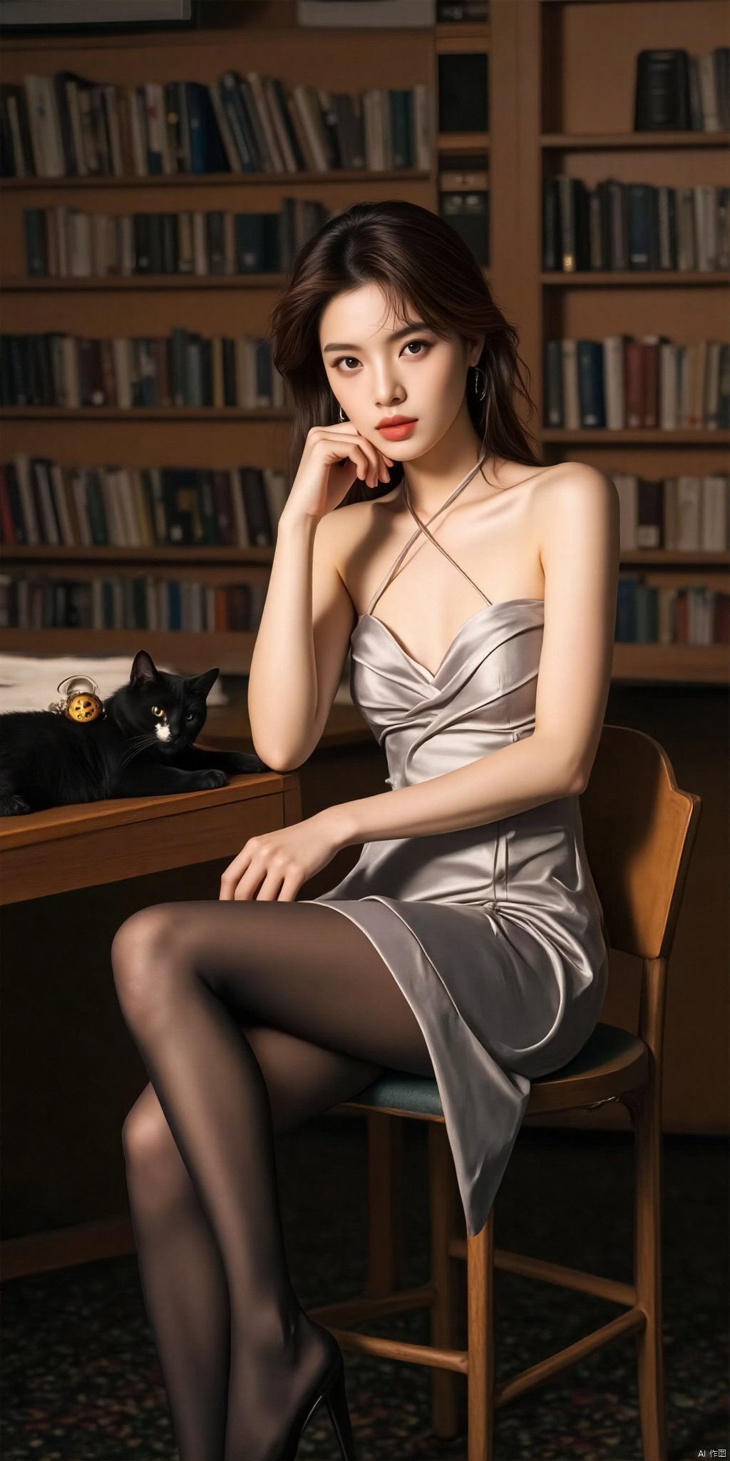 An intellectual beauty, with a white halter top that highlights her elegance, and black stockings with a mid-length skirt. She sits quietly at the desk in the library, resting her chin on her hand in deep thought. A black cat wearing a small Halloween bell lies on her back. on the table.