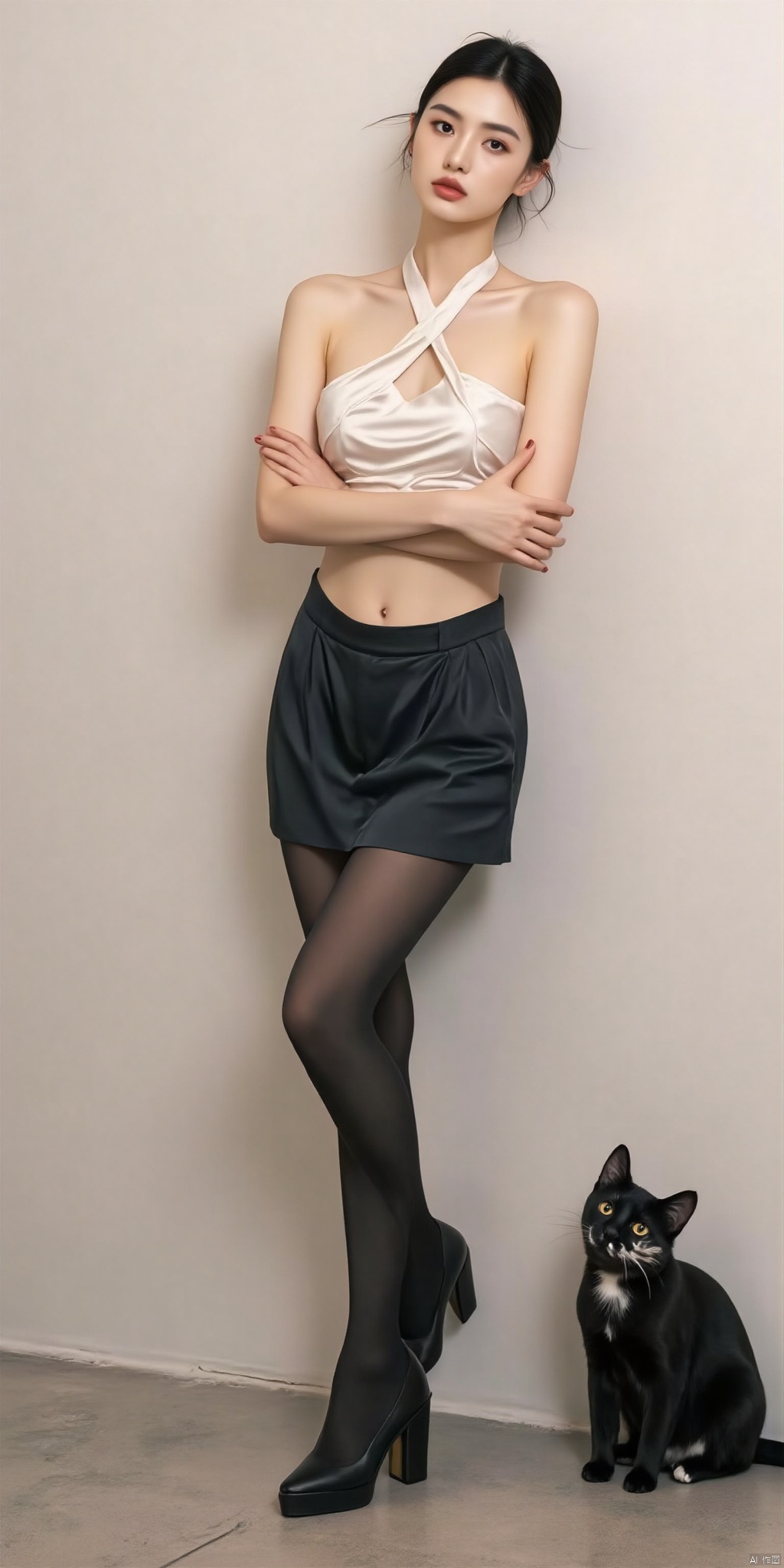 The cold beauty, with neat short hair, was wearing a white halter top and black stockings with a short skirt. She crossed her arms and leaned against the wall gracefully. Next to her squatted a black cat with a Halloween ghost face.