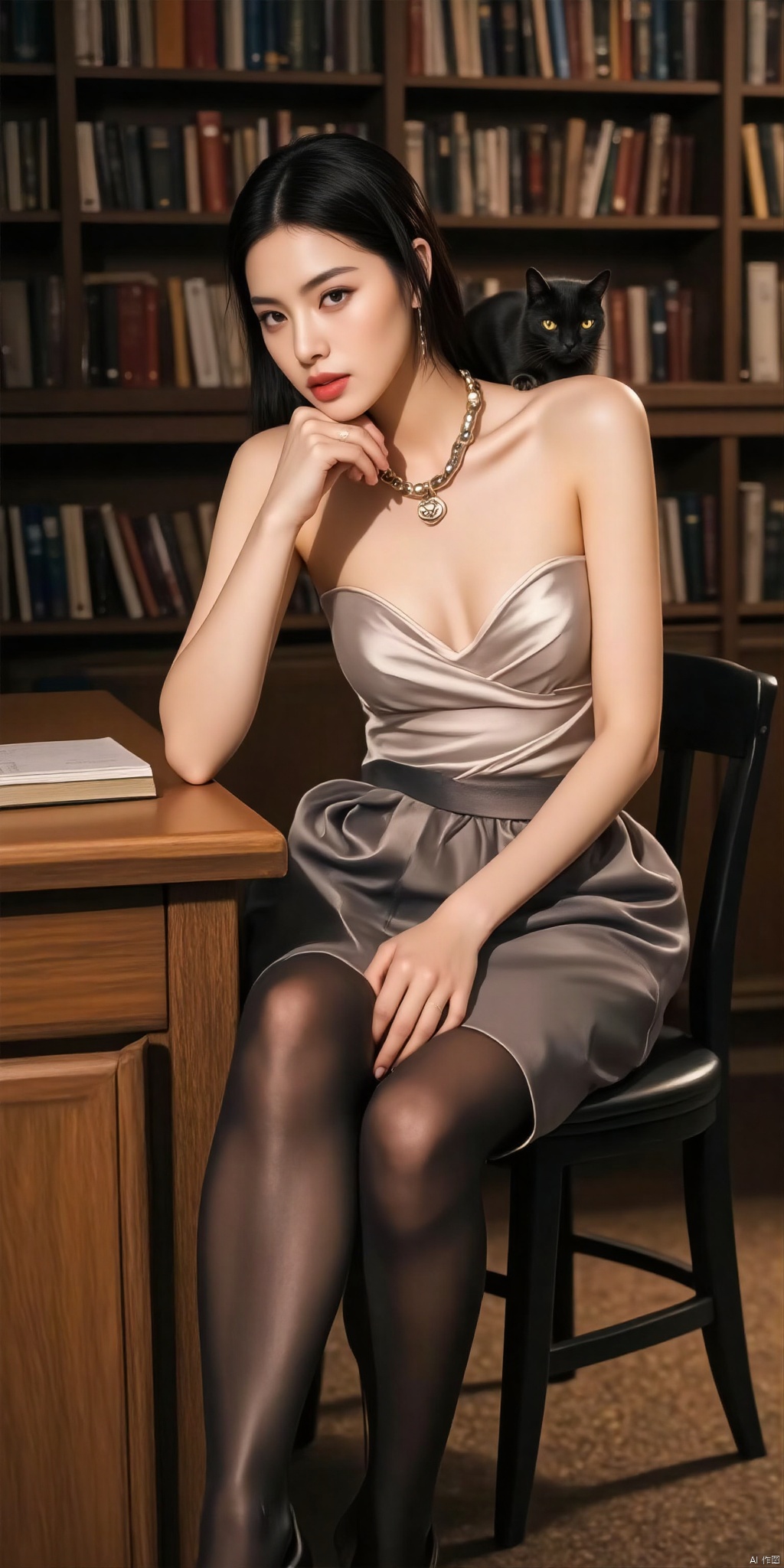 An intellectual beauty, with a white halter top that highlights her elegance, and black stockings with a mid-length skirt. She sits quietly at the desk in the library, resting her chin on her hand in deep thought. A black cat wearing a small Halloween bell lies on her back. on the table.