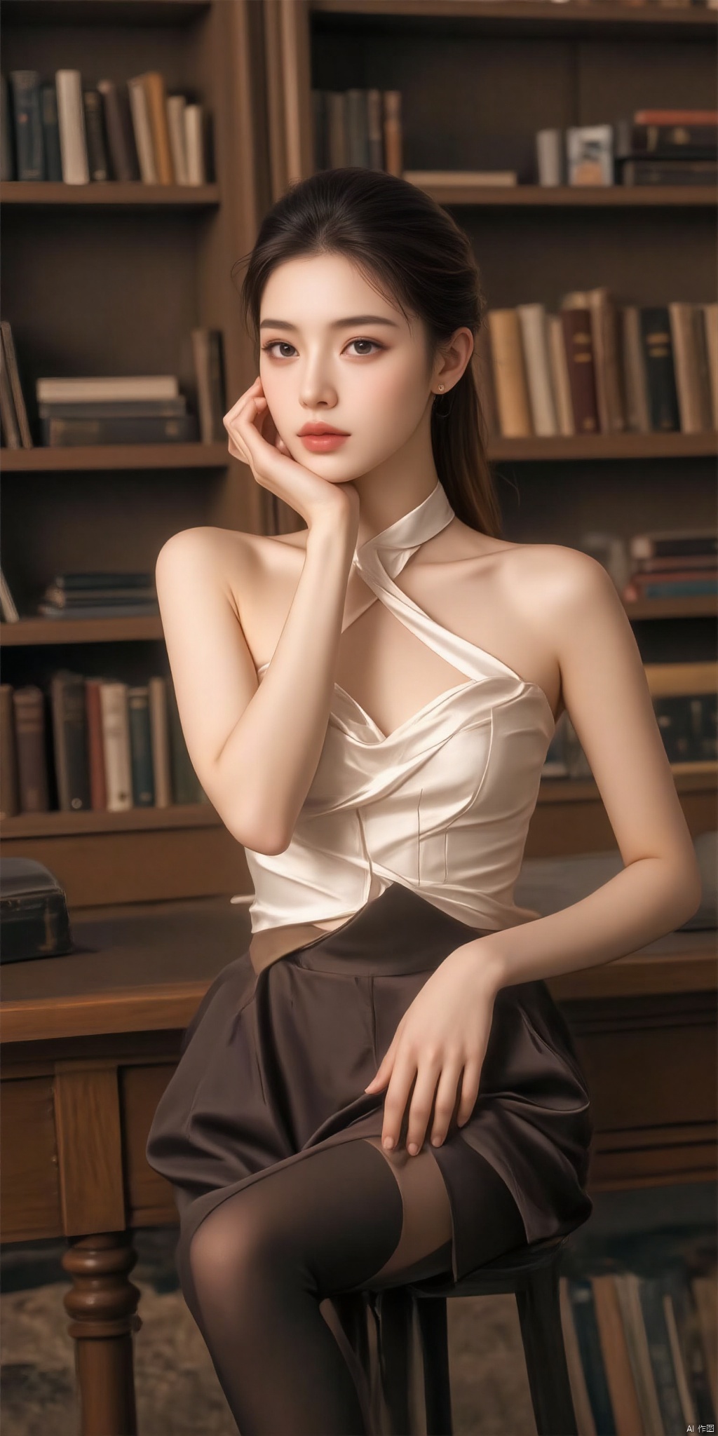 An intellectual beauty, her white halter top highlights her elegance. She wears black silk stockings and a mid-length skirt. She sits quietly at the desk in the library, resting her chin on her hand in deep thought.