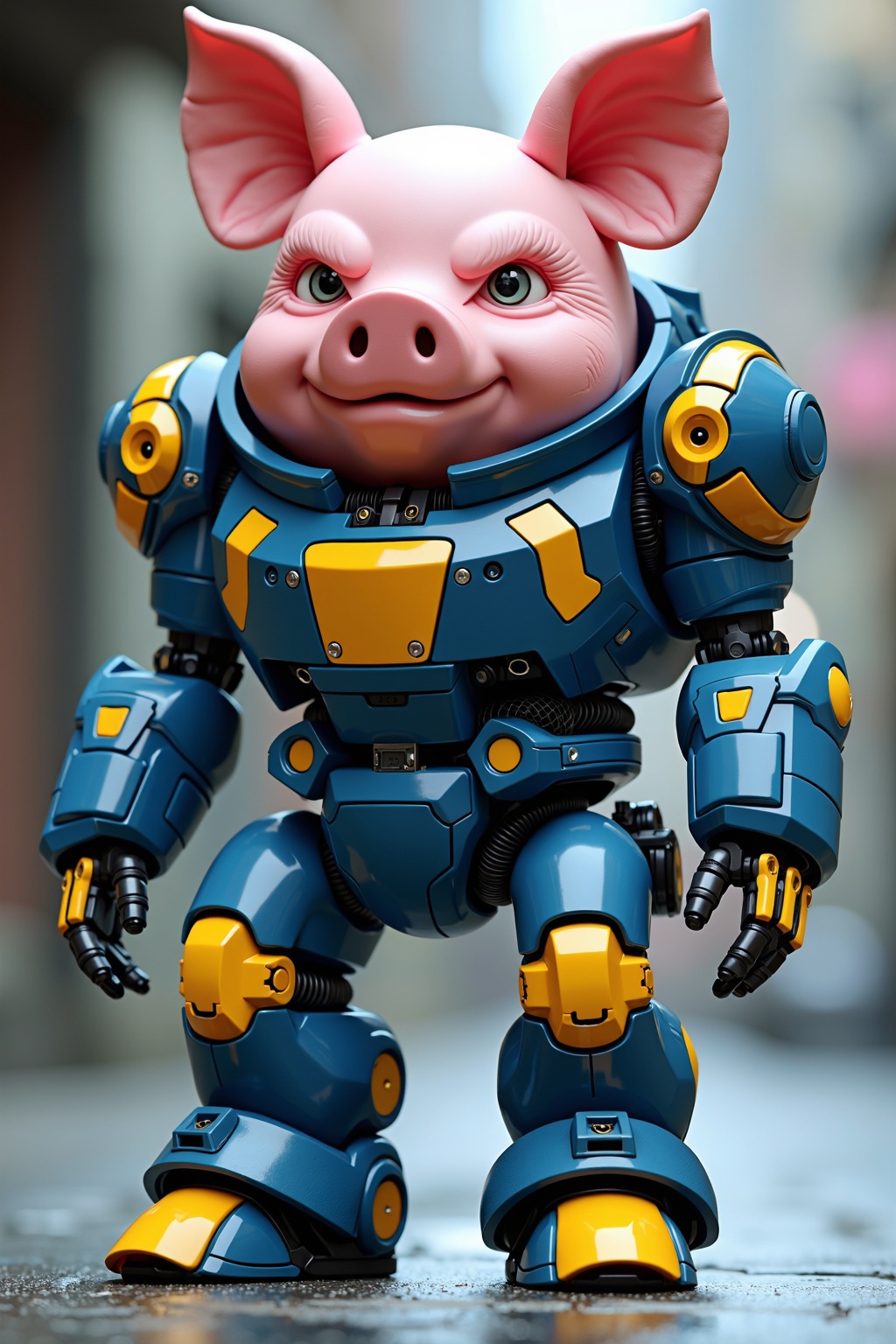 An Angry pink pig Robot Mecha Soldier,  Angry Agile Anthropomorphic Figure,  Wearing Futuristic blue and yellow Soldier Ar...
