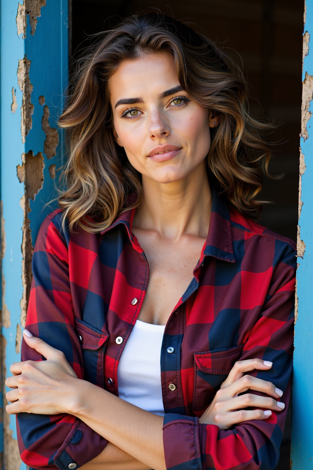 An image of a woman with fair skin and natural,  wavy hair styled in soft curls around her face. She has defined eyebrows...