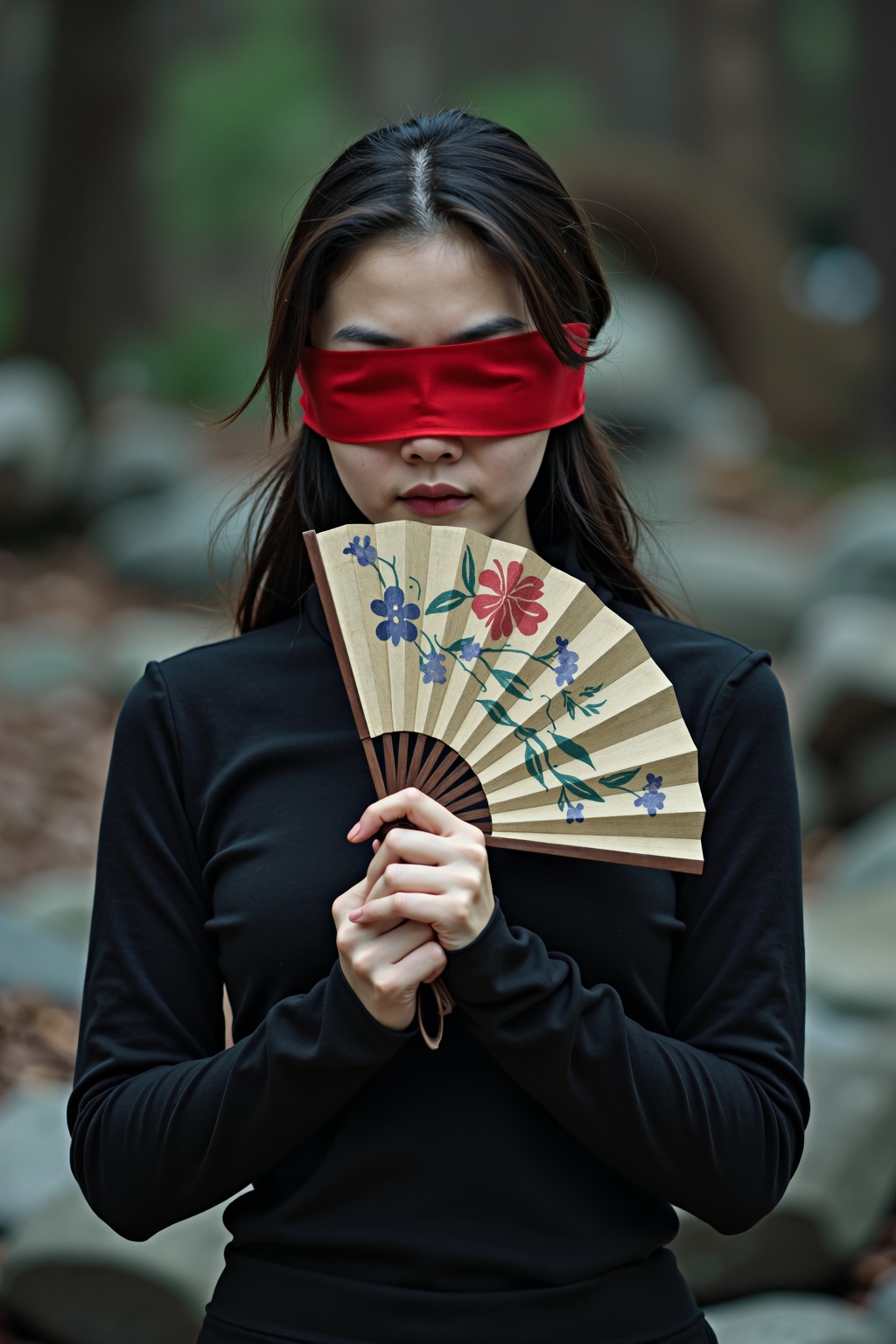 Photograph,  face,  a young woman holding a traditional Chinese fan in front of her face. She is wearing a black turtlenec...