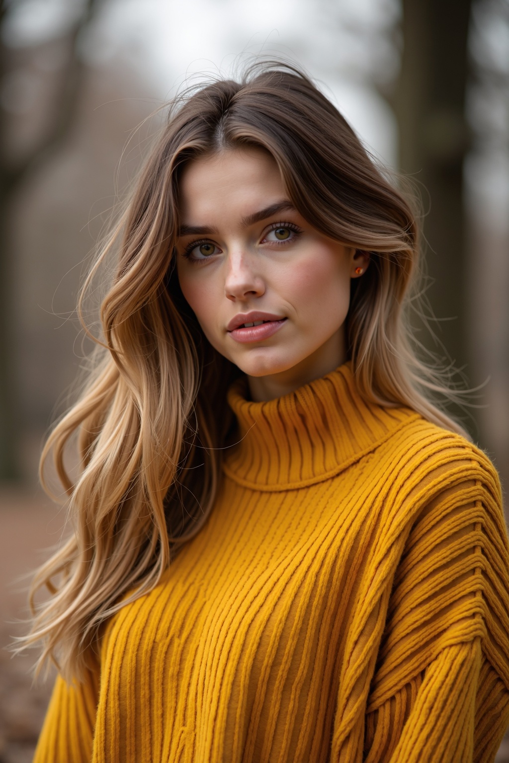 A portrait of an attractive woman in her late twenties with light brown hair and purple,  wearing large a a yellow sweater...