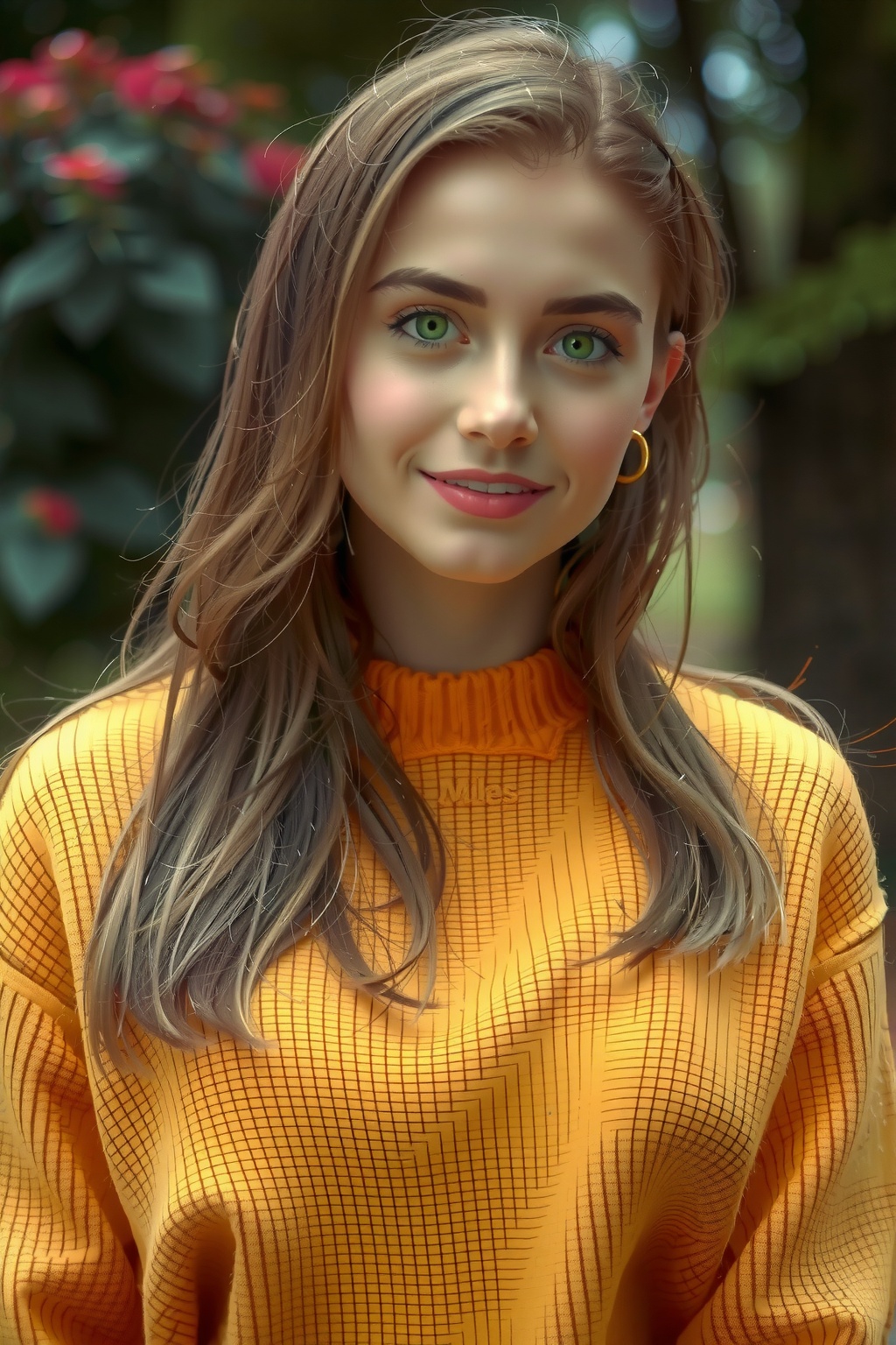 A portrait of an attractive woman in her late twenties with light brown hair and purple,  wearing large a a yellow sweater...