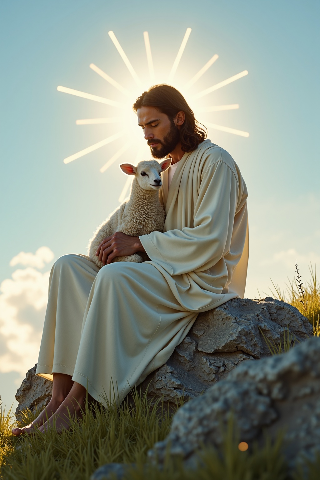 Jesus wearing a simple and clean white robe. sitting on the rock and hug a lamb ,  full_body,  peaceful expression on Tens...