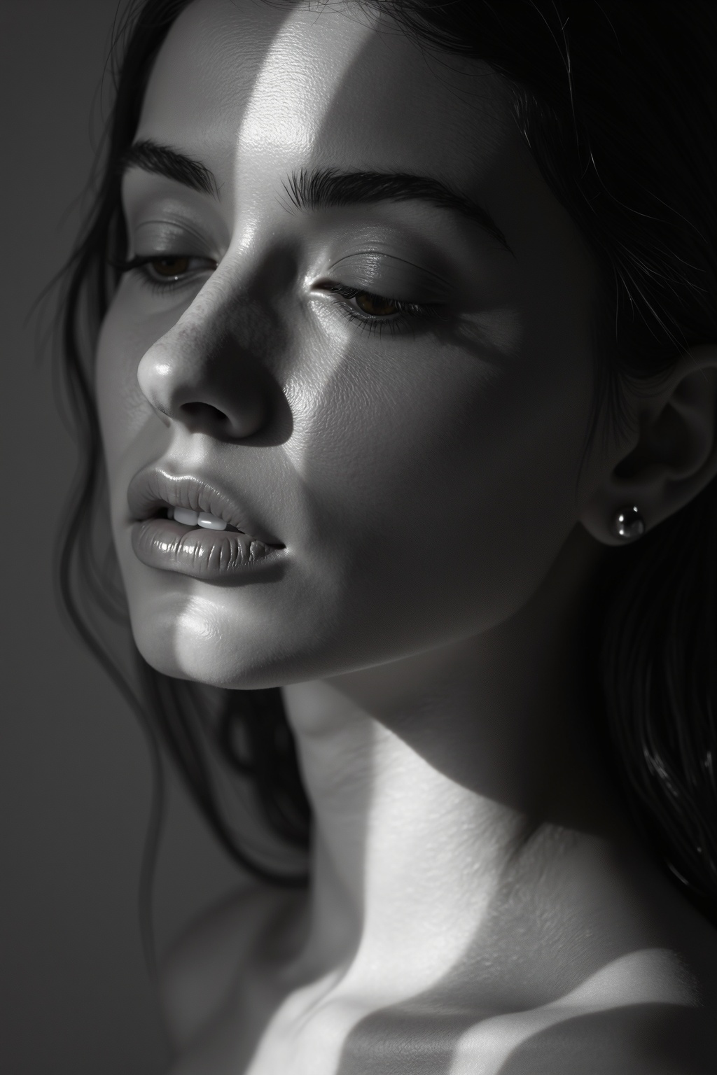 A black and white photo of a woman with shadow.,  in the style of minimalist beauty,  light bronze and bronze on Tensor.Art